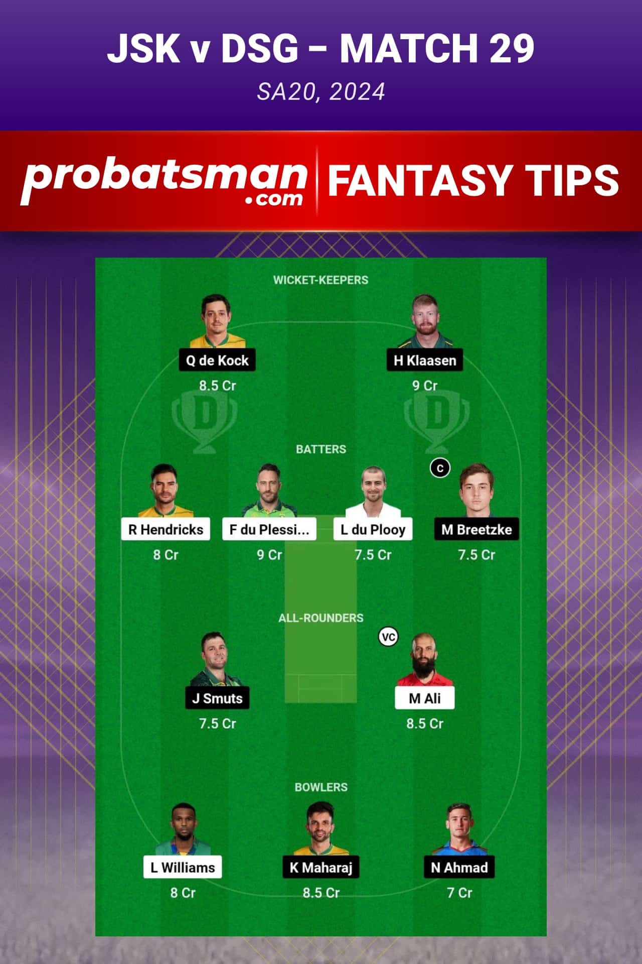 JSK vs DSG Dream11 Prediction - Fantasy Team 1