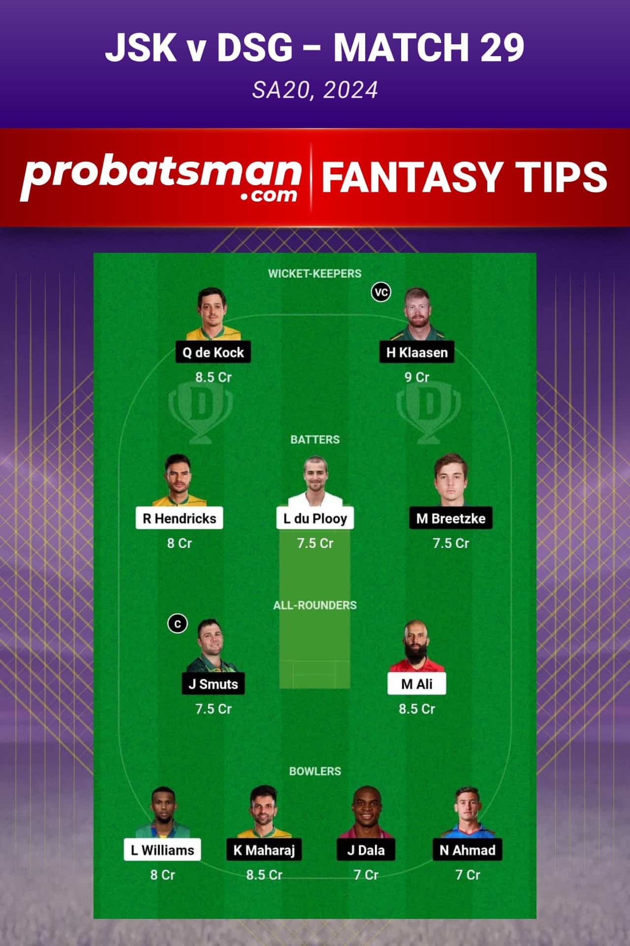 JSK vs DSG Dream11 Prediction - Fantasy Team 1