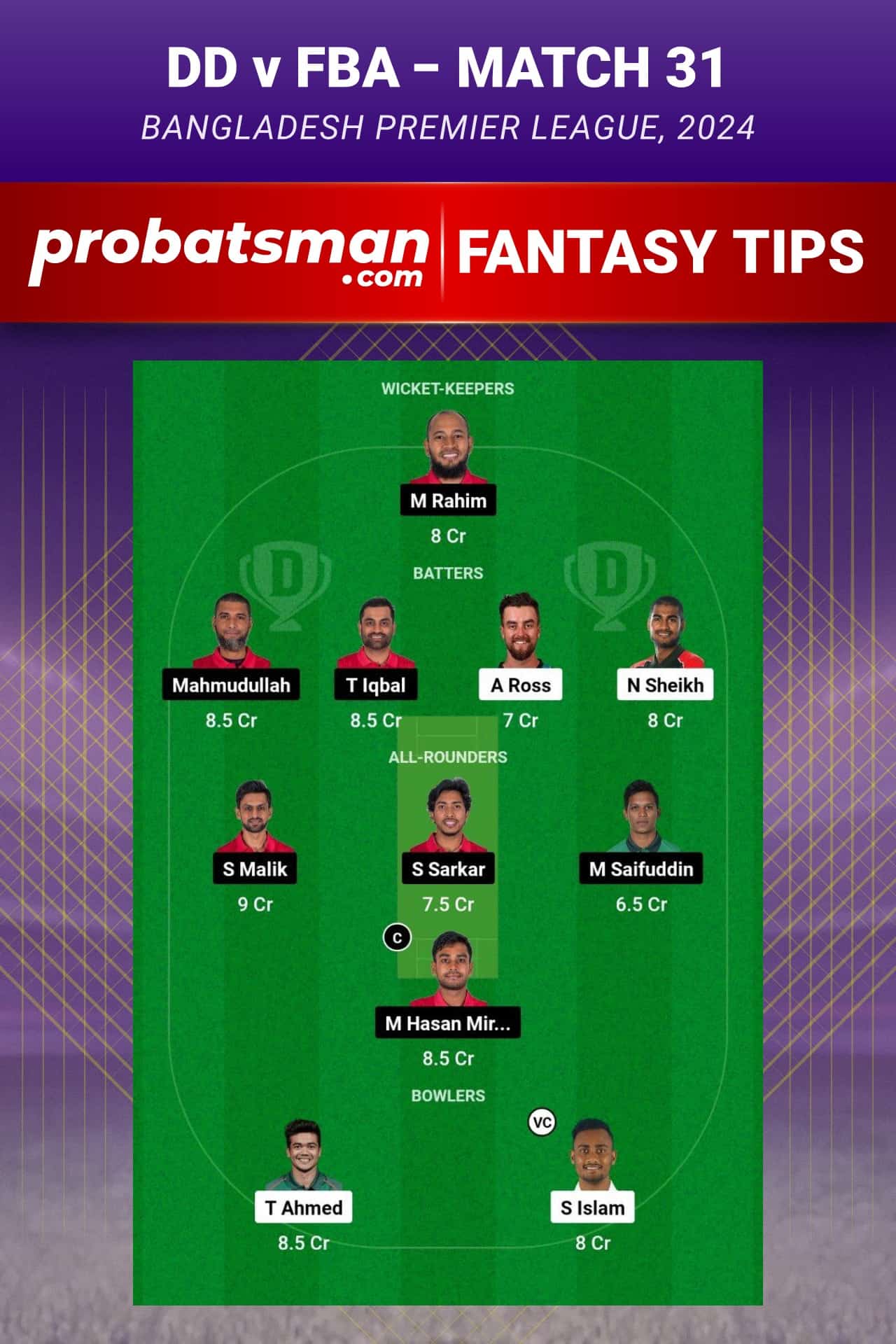 DD vs FBA Dream11 Prediction - Fantasy Team 1