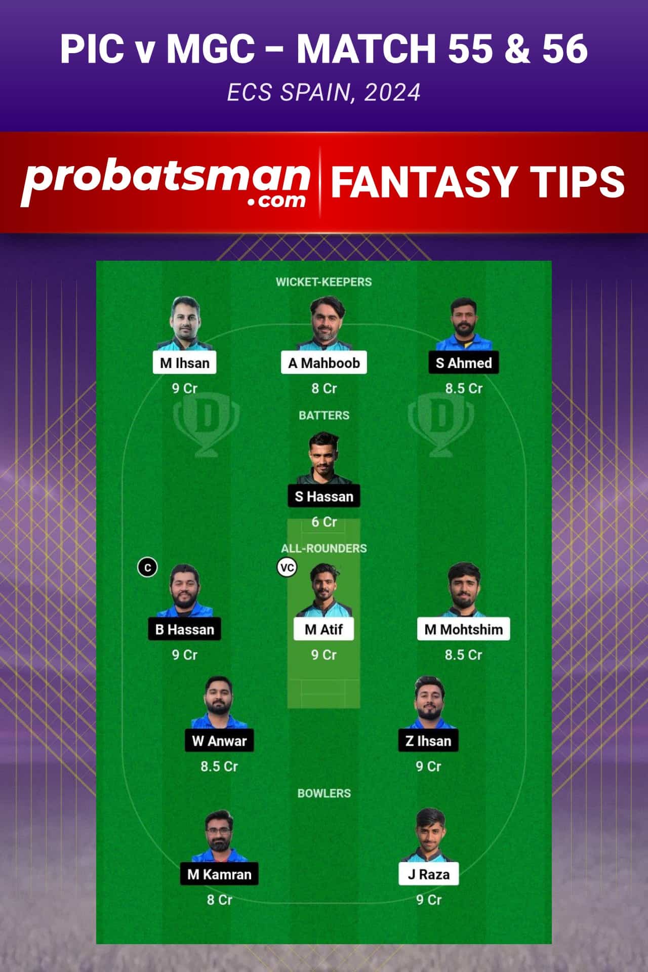 PIC vs MGC Dream11 Prediction - Fantasy Team 1