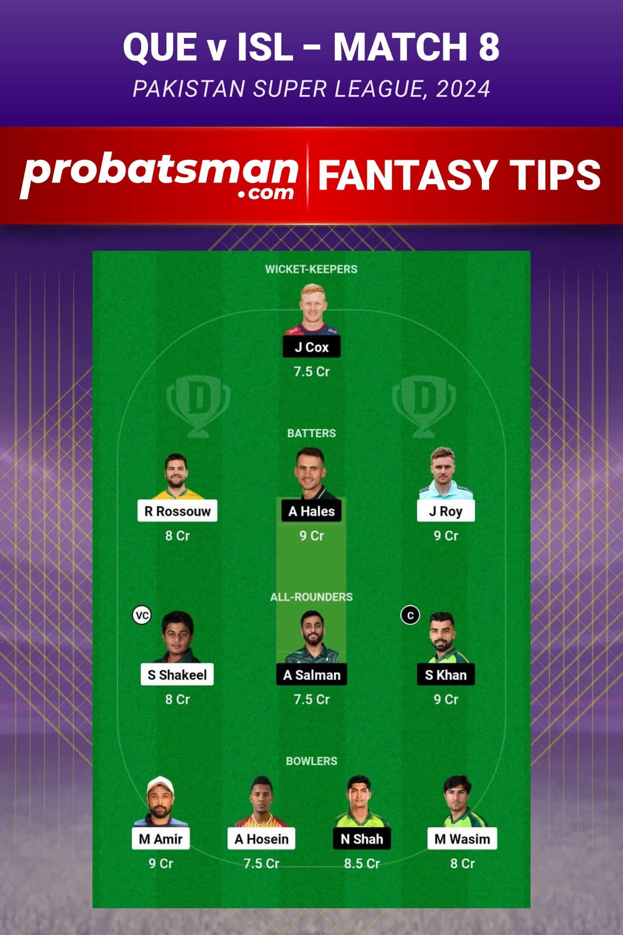 QUE vs ISL Dream11 Prediction - Fantasy Team 1