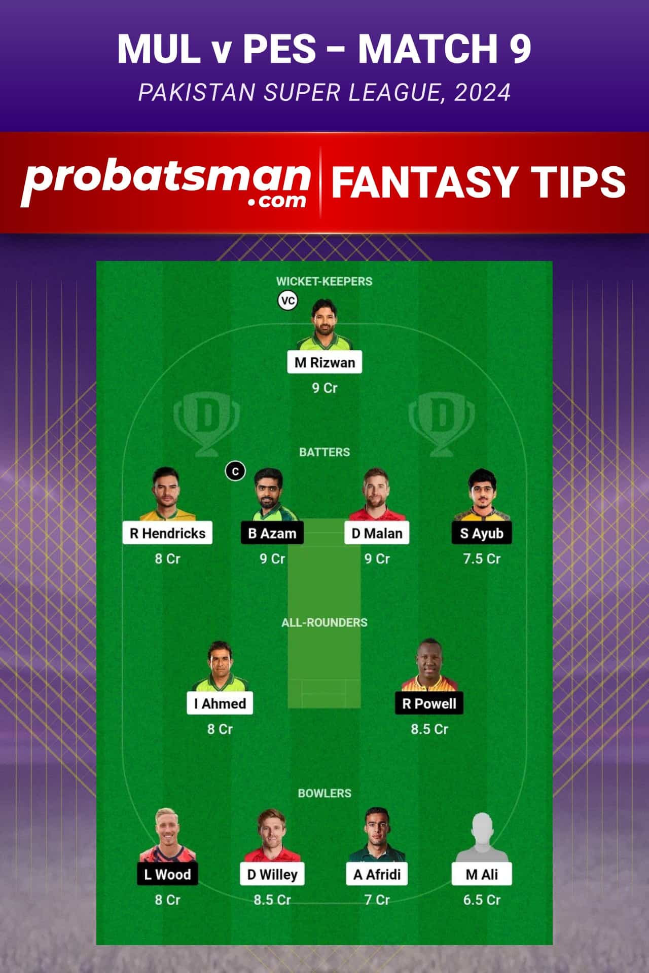 MUL vs PES Dream11 Prediction - Fantasy Team 1