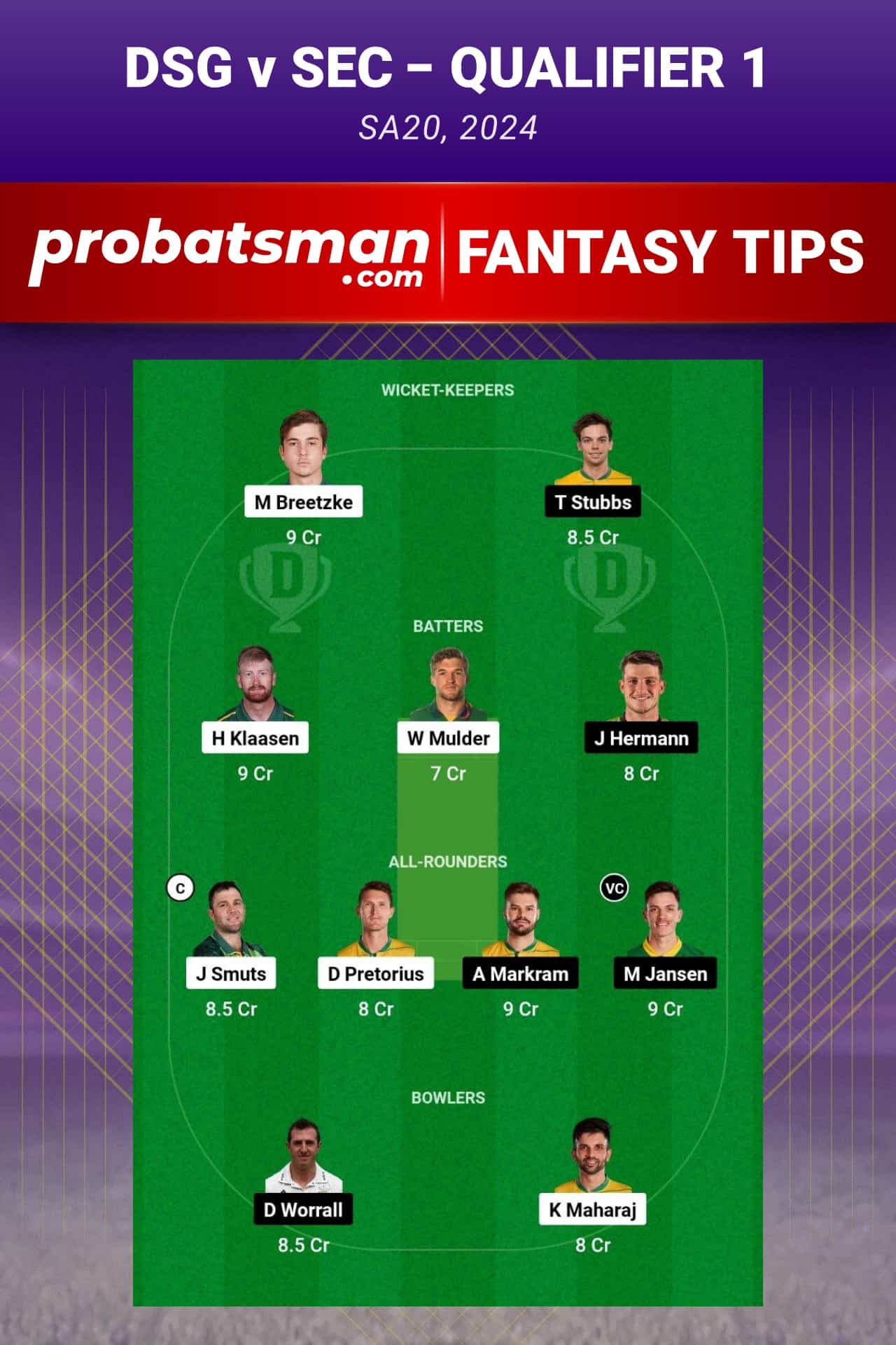 DSG vs SEC Dream11 Prediction - Fantasy Team 1