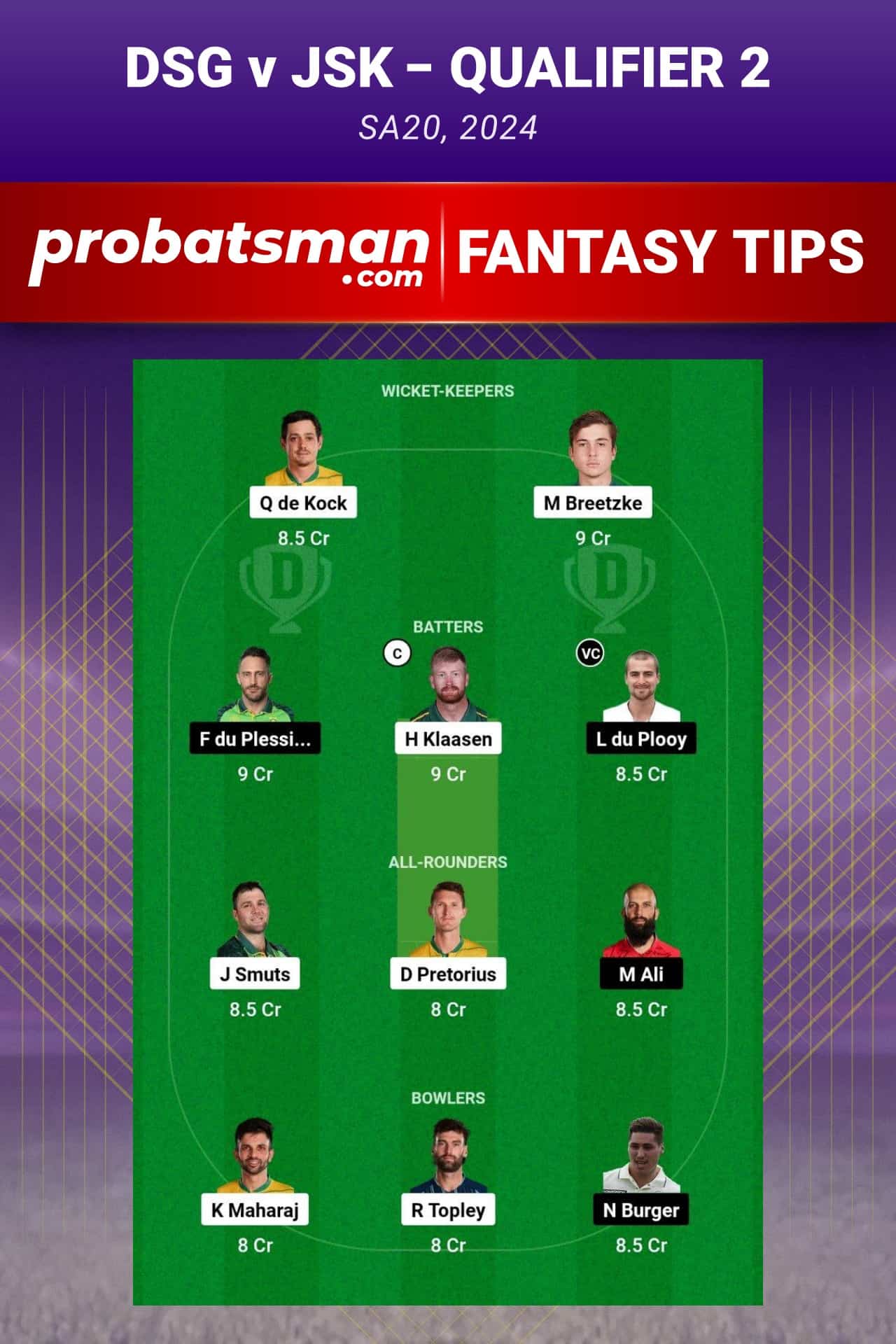 DSG vs JSK Dream11 Prediction - Fantasy Team 1