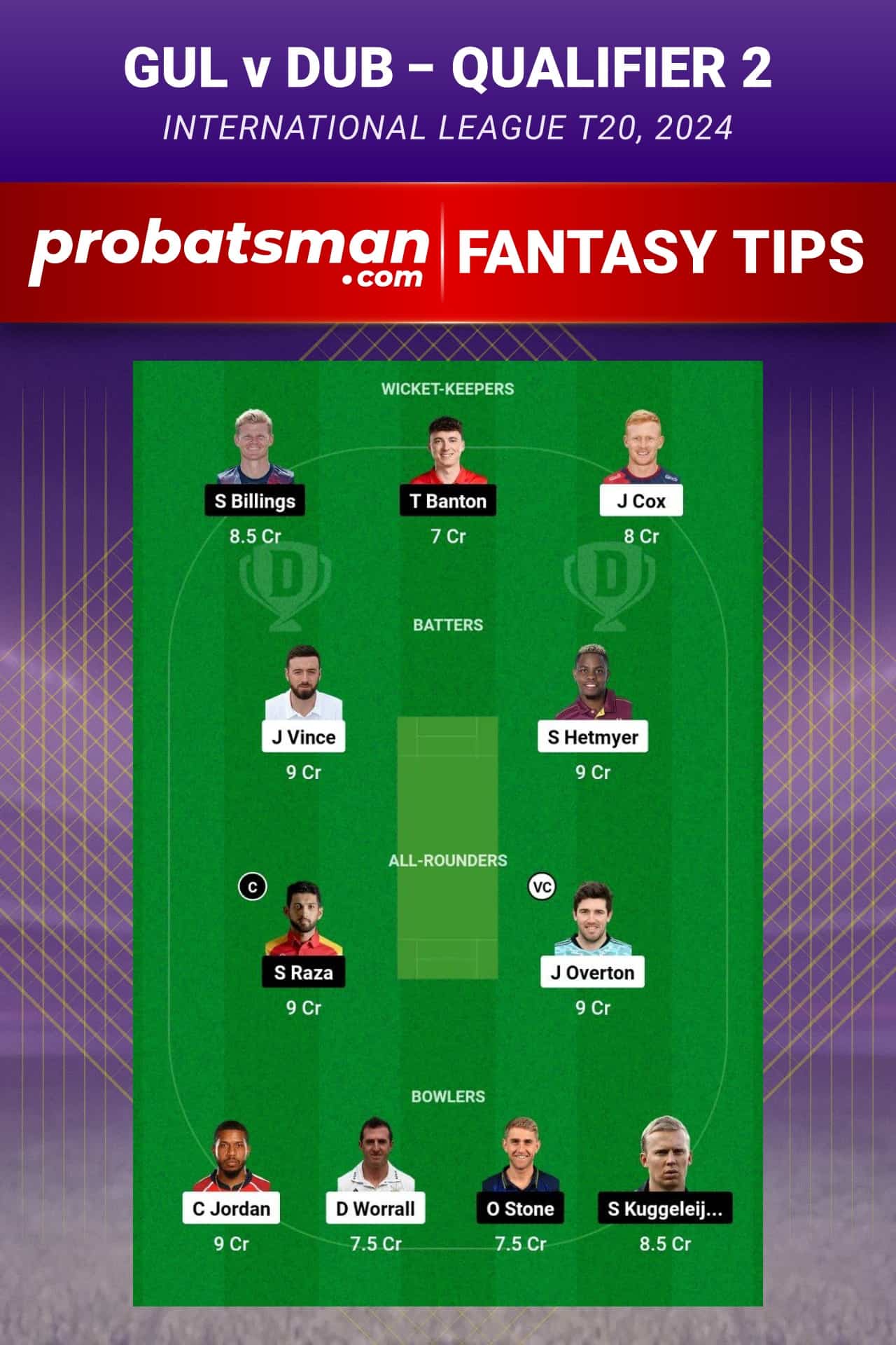 GUL vs DUB Dream11 Prediction - Fantasy Team 1