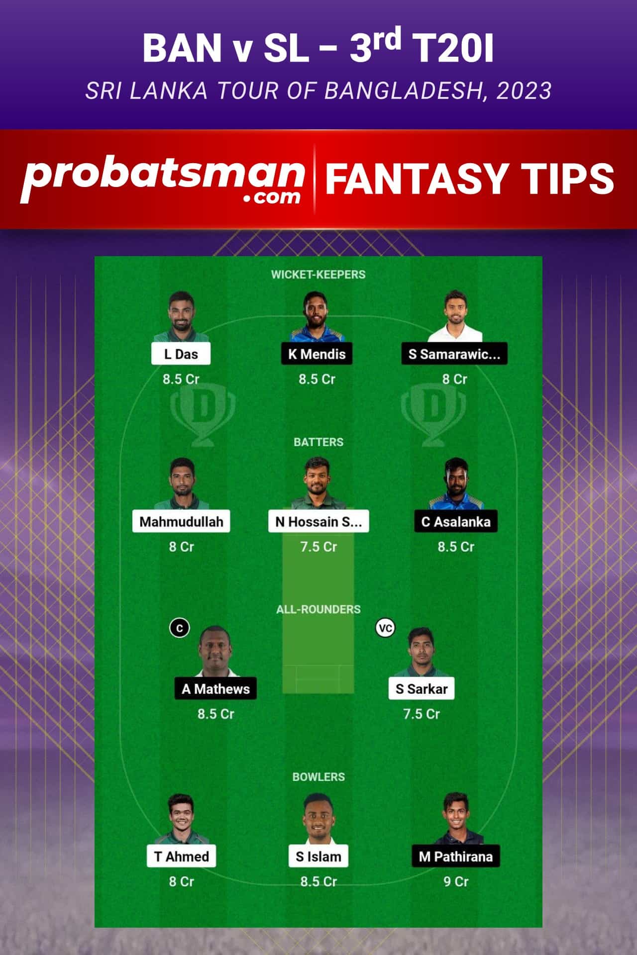 BAN vs SL Dream11 Prediction - Fantasy Team 1