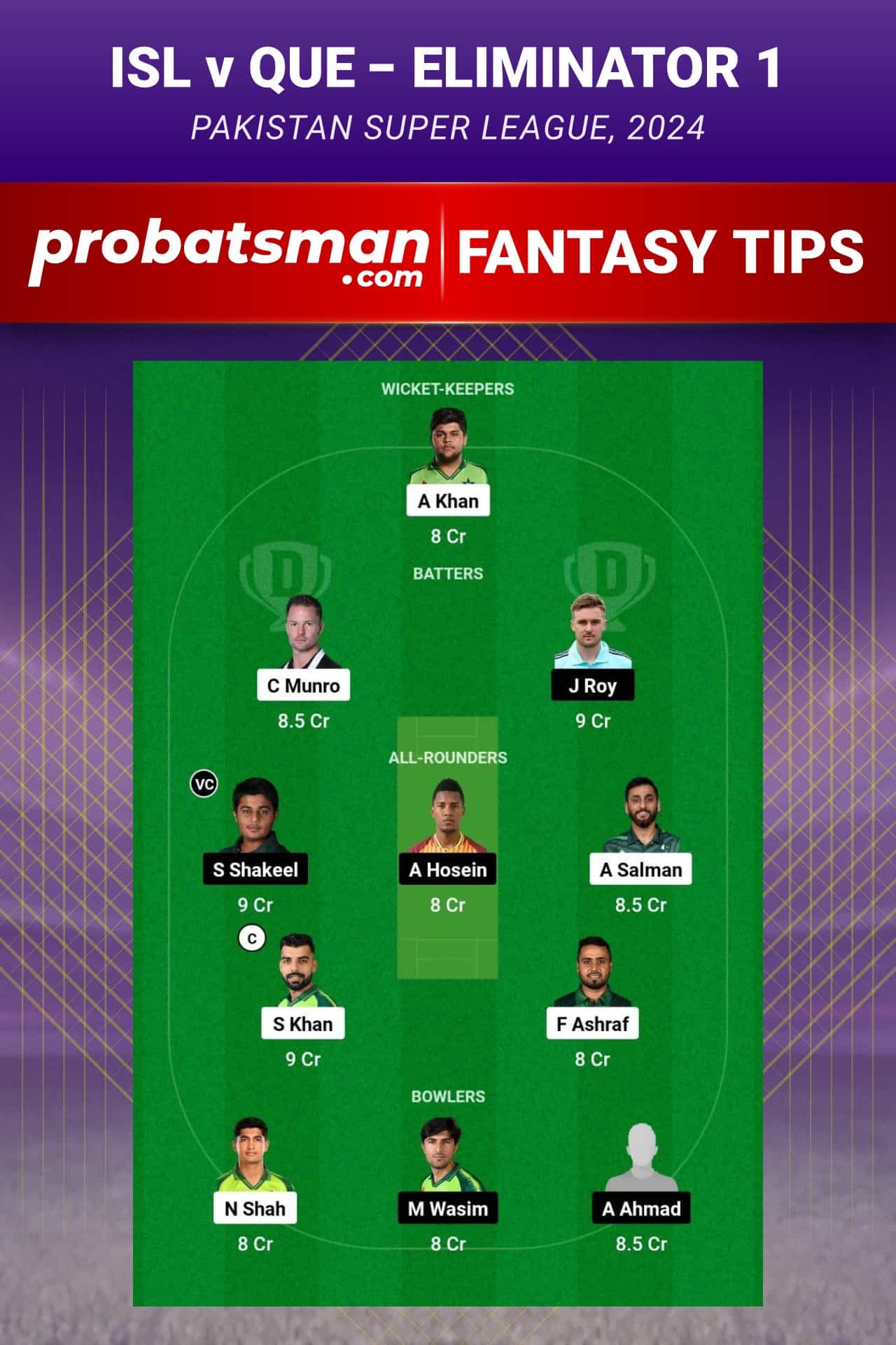 ISL vs QUE Dream11 Prediction - Fantasy Team 1