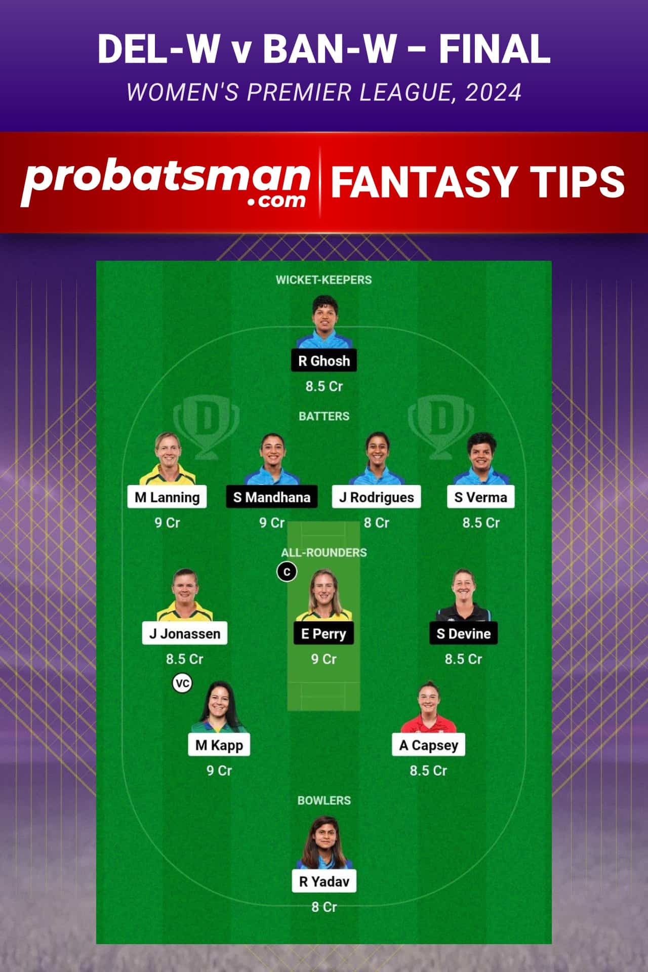 DEL-W vs BAN-W Dream11 Prediction - Fantasy Team 1