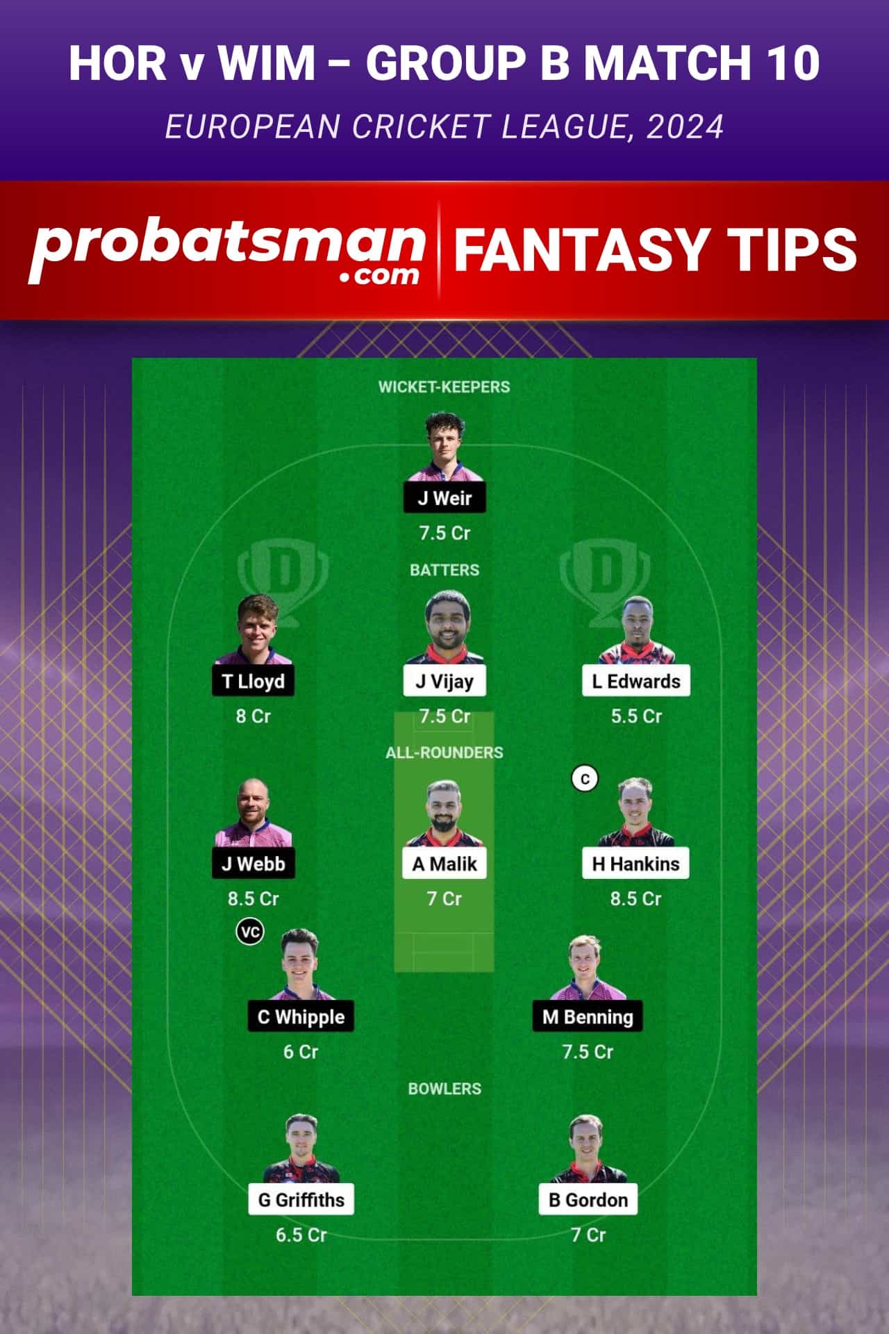 HOR vs WIM Dream11 Prediction - Fantasy Team 2