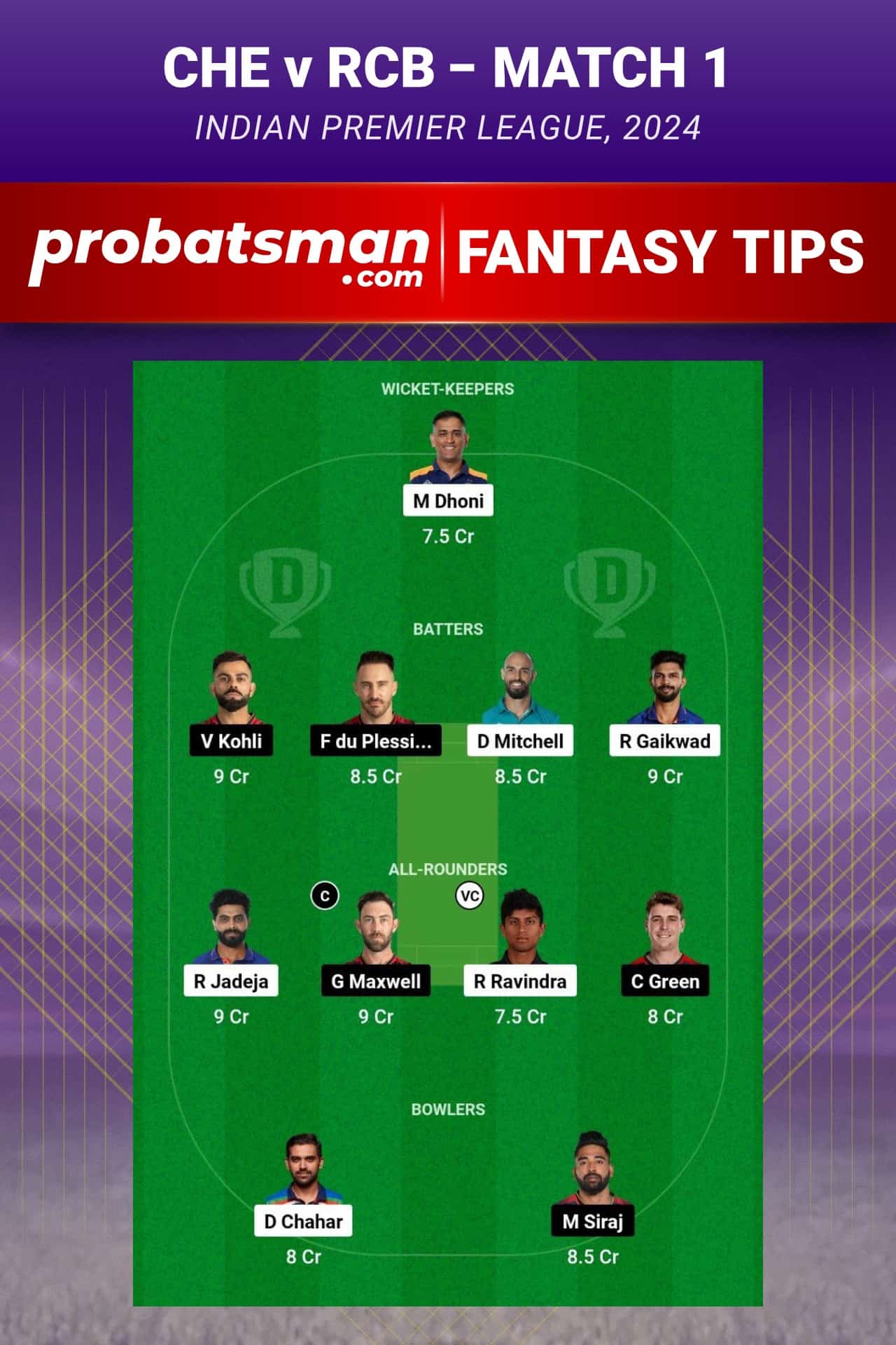 CHE vs RCB Dream11 Prediction With Stats, Pitch Report & Player Record of IPL, 2024 For Match 1