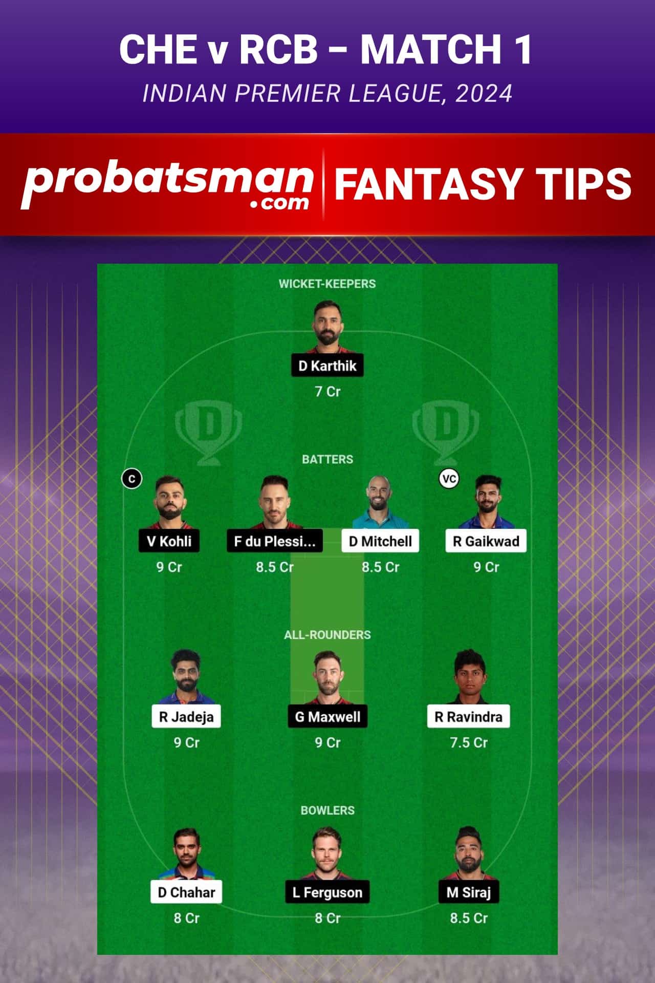 CHE vs RCB Dream11 Prediction With Stats, Pitch Report & Player Record of IPL, 2024 For Match 1