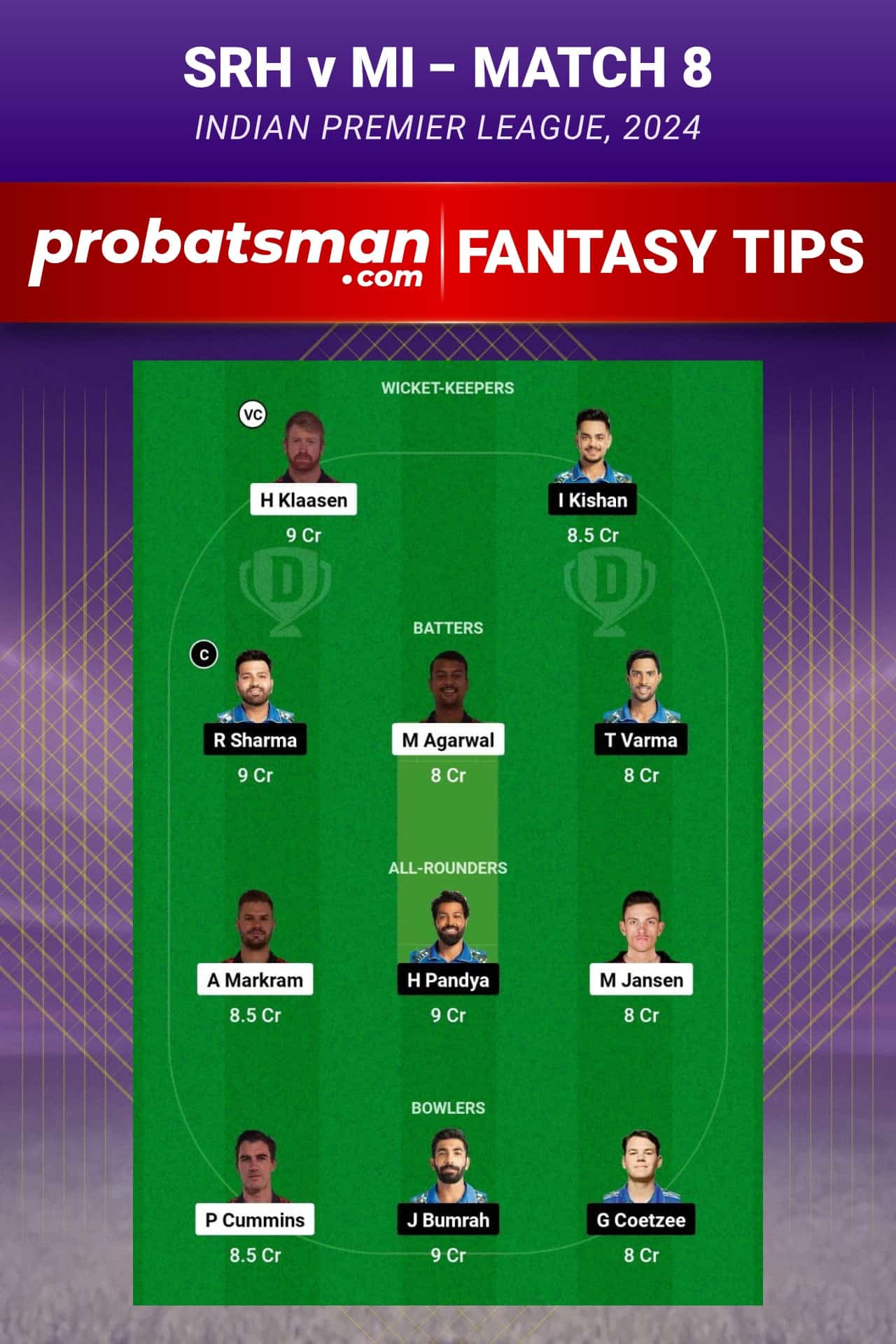 Sunrisers Hyderabad vs Mumbai Indians Dream11 Prediction - Fantasy Team 1