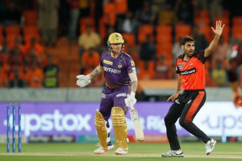 Jason Roy of Kolkata Knight Riders and Bhuvneshwar Kumar of Sunrisers Hyderabad