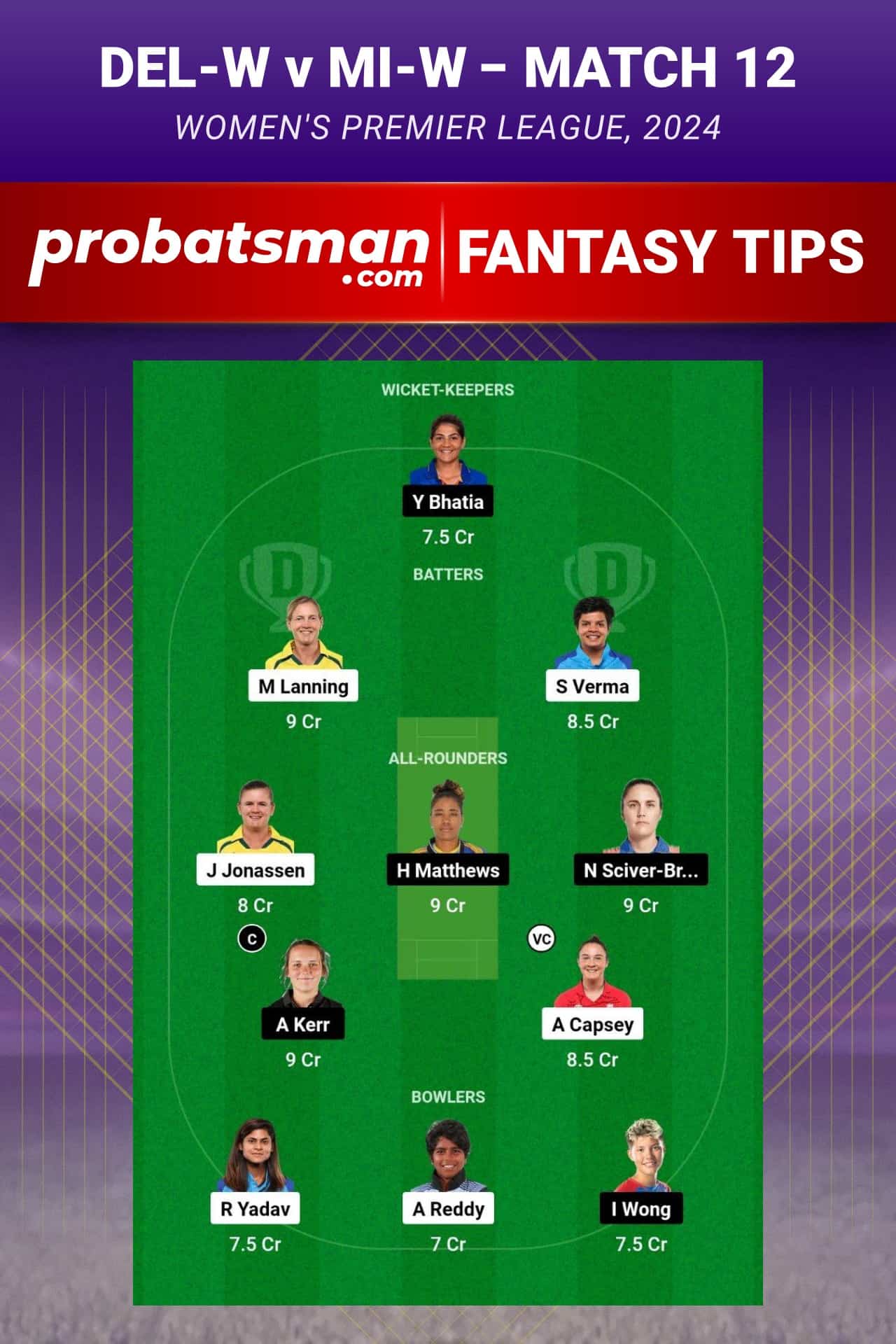 DEL-W vs MI-W Dream11 Prediction - Fantasy Team 1