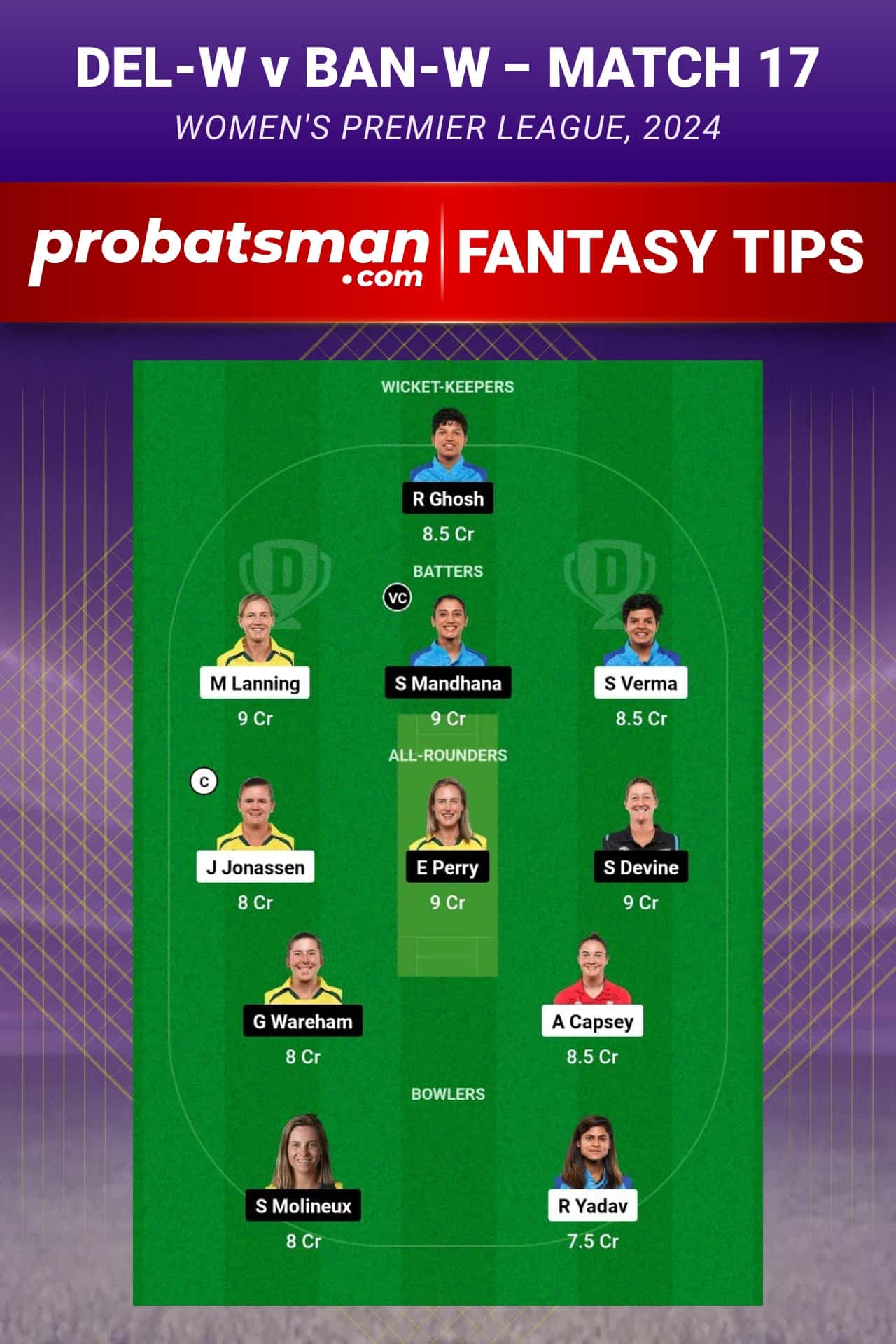 DEL-W vs BAN-W Dream11 Prediction - Fantasy Team 1