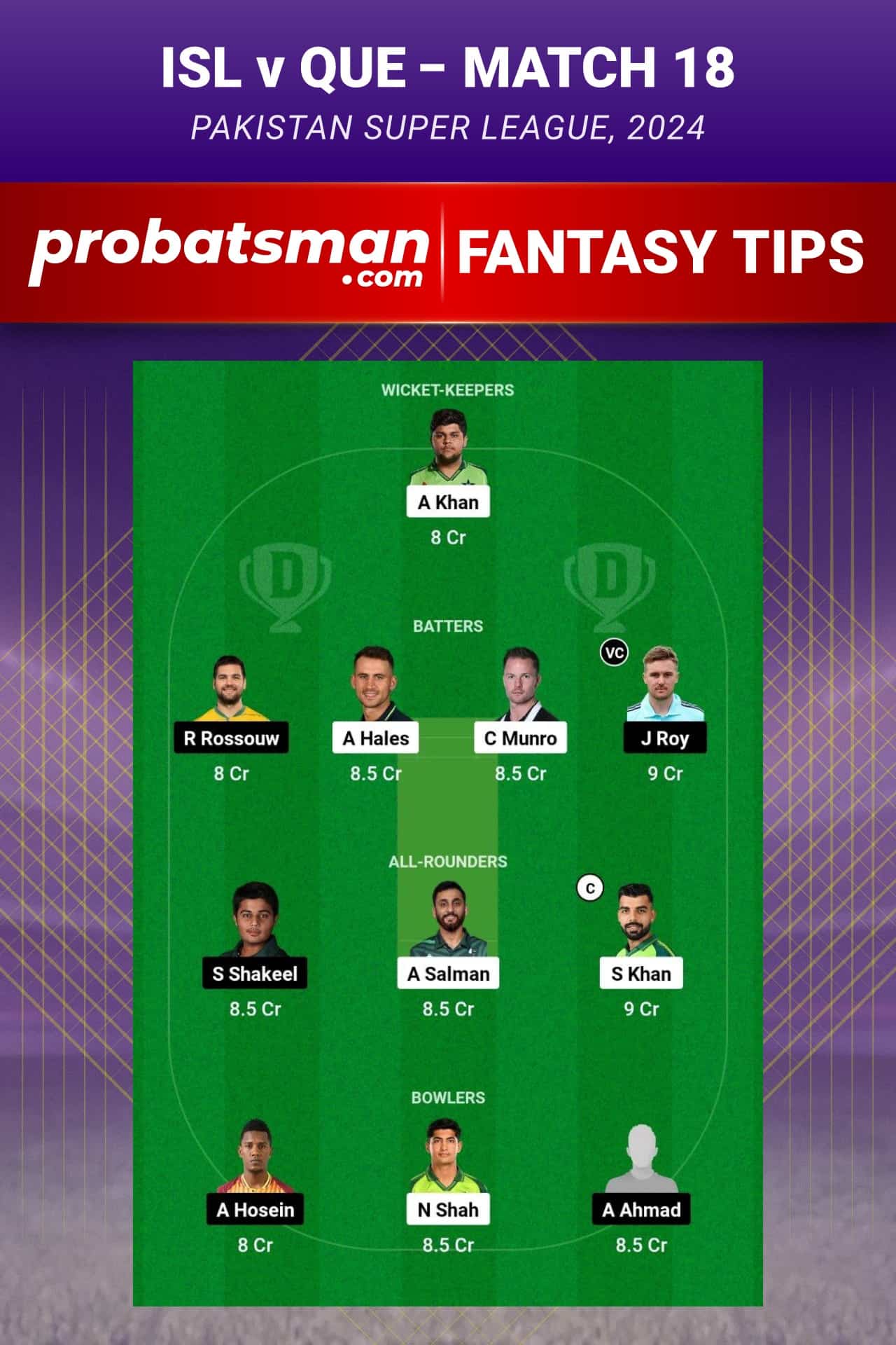 ISL vs QUE Dream11 Prediction - Fantasy Team 1