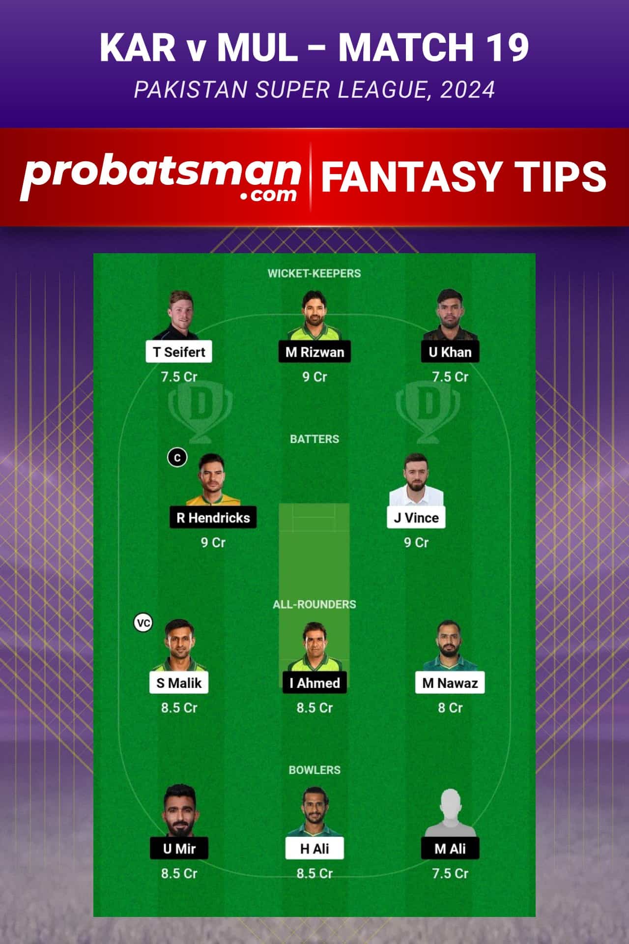 KAR vs MUL Dream11 Prediction - Fantasy Team 1