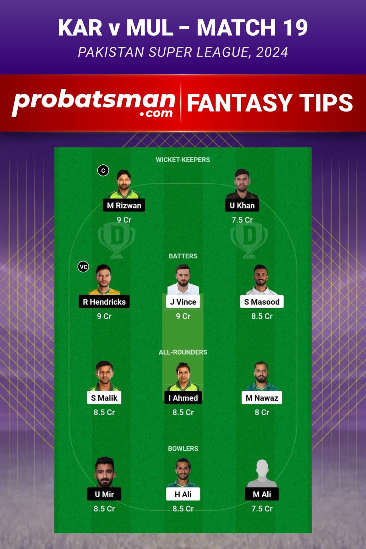 KAR vs MUL Dream11 Prediction - Fantasy Team 2