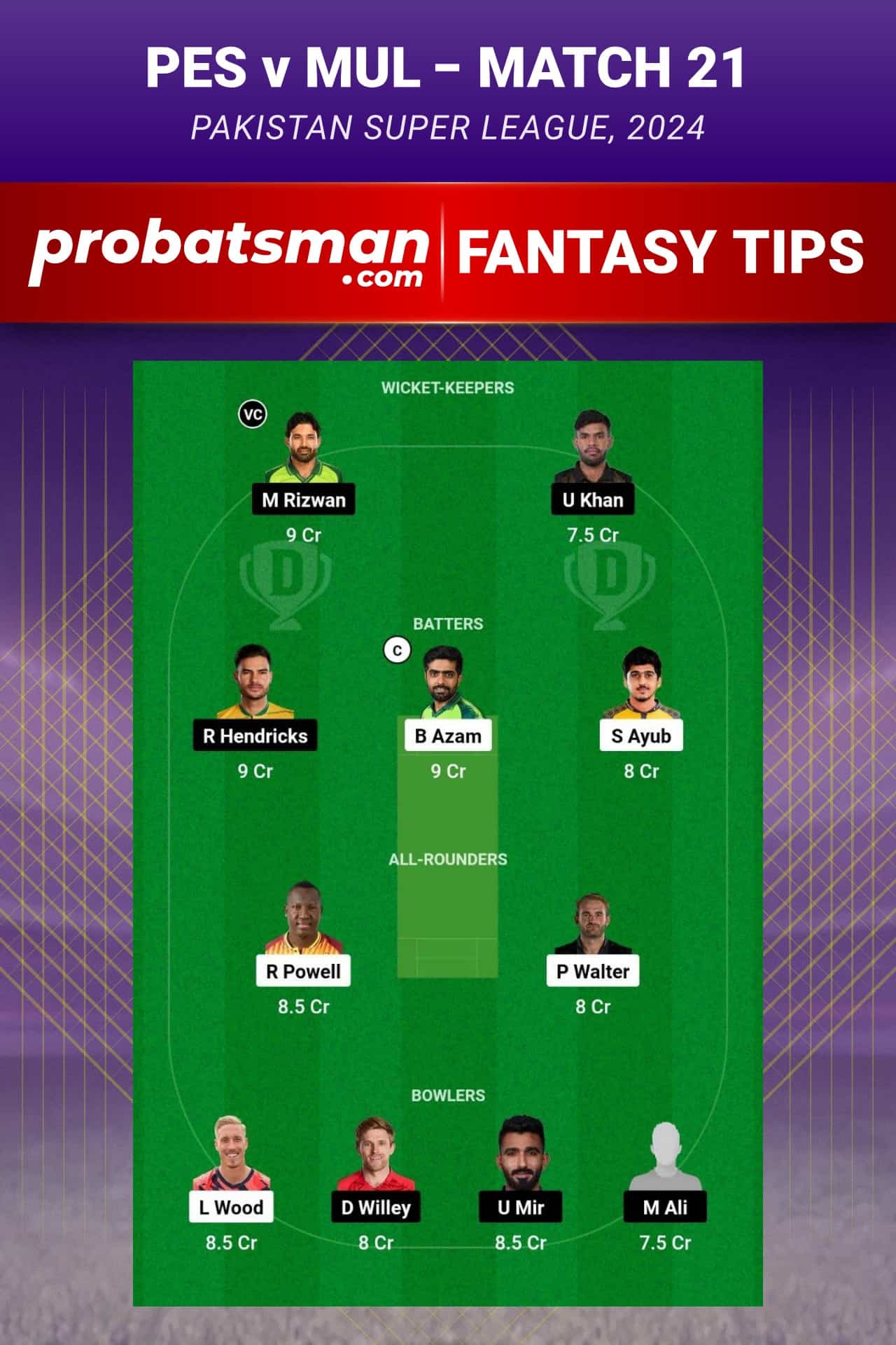 PES vs MUL Dream11 Prediction - Fantasy Team 1