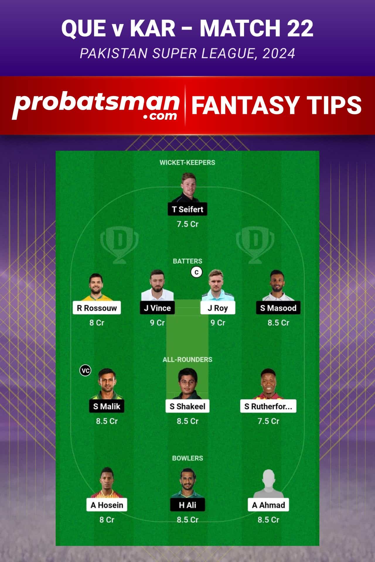 QUE vs KAR Dream11 Prediction - Fantasy Team 1