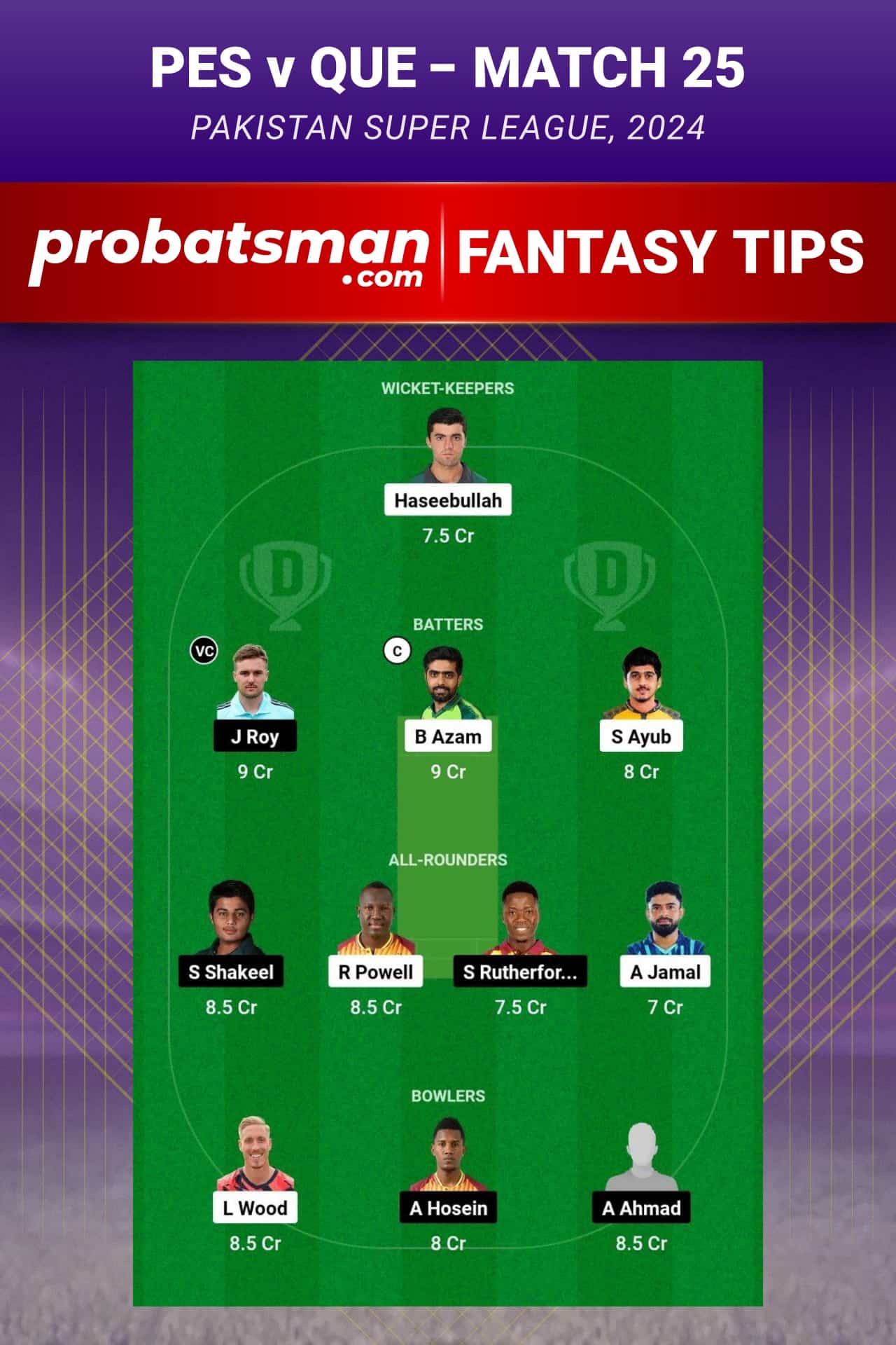 PES vs QUE Dream11 Prediction - Fantasy Team 1