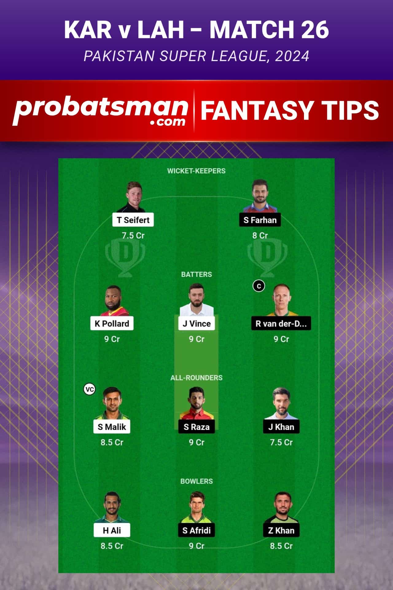 KAR vs LAH Dream11 Prediction - Fantasy Team 1