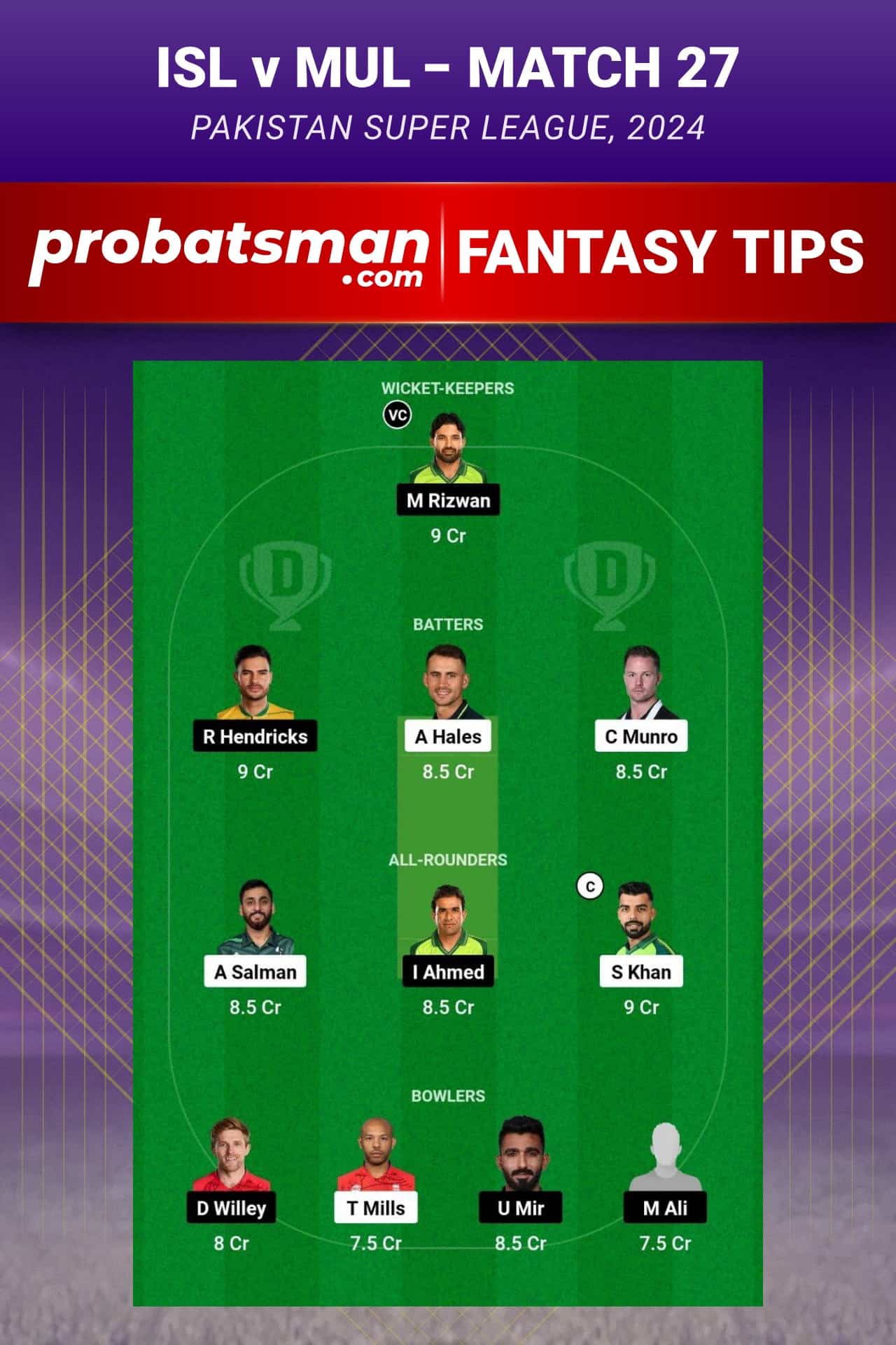 ISL vs MUL Dream11 Prediction - Fantasy Team 1