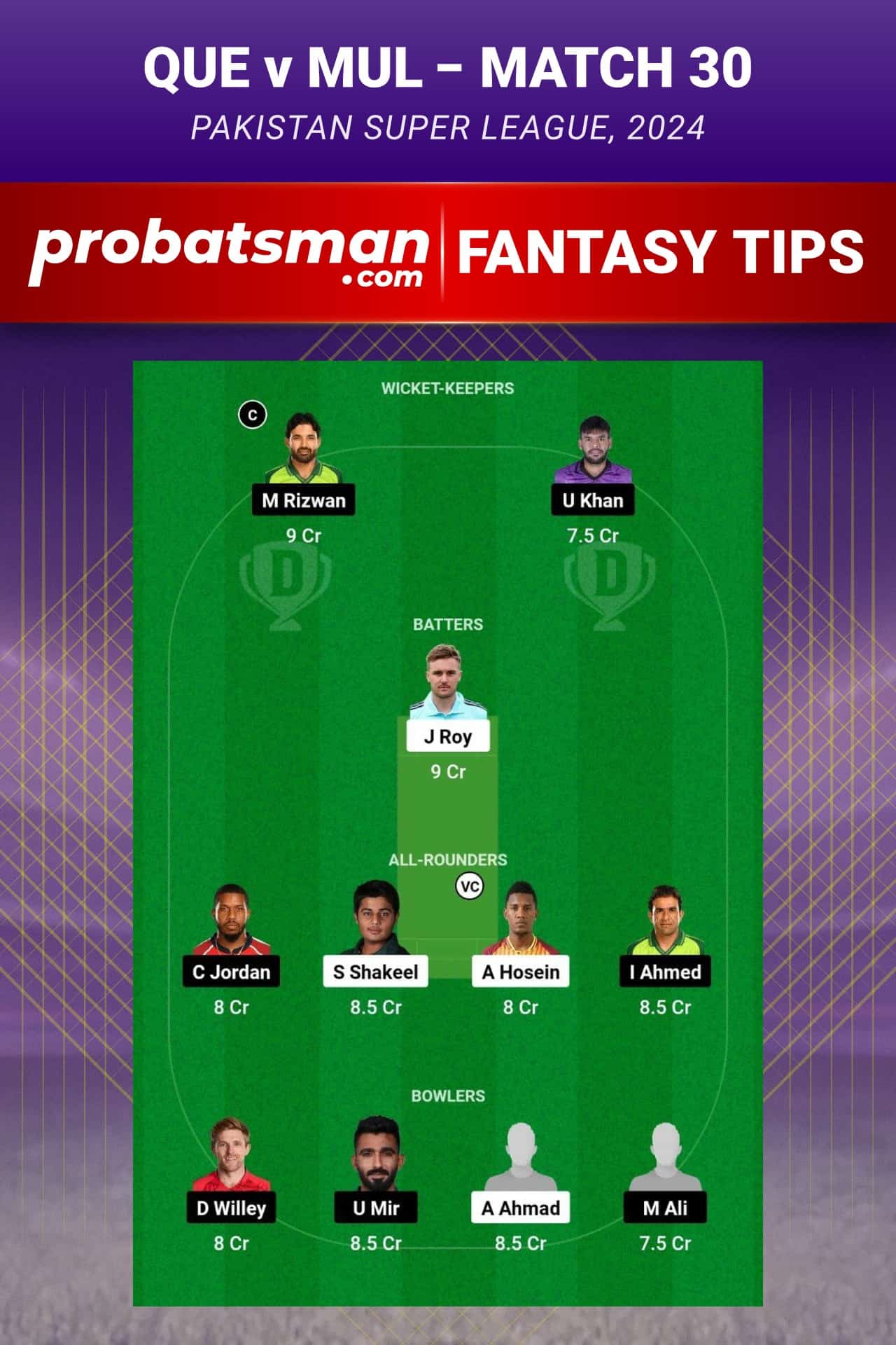 QUE vs MUL Dream11 Prediction - Fantasy Team 2
