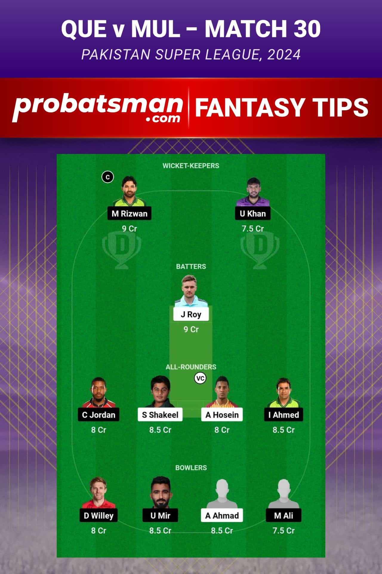 QUE vs MUL Dream11 Prediction - Fantasy Team 2