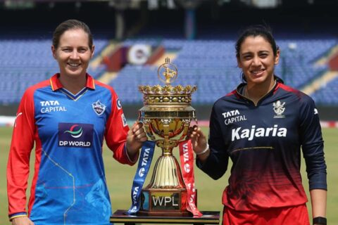Meg Lanning captain of Delhi Capitals Women and Smriti Mandhana captain of Royal Challengers Bangalore Women with WPL 2024 trophy