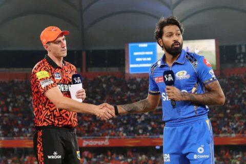 Pat Cummins of Sunrisers Hyderabad & Hardik Pandya of Mumbai Indians during toss