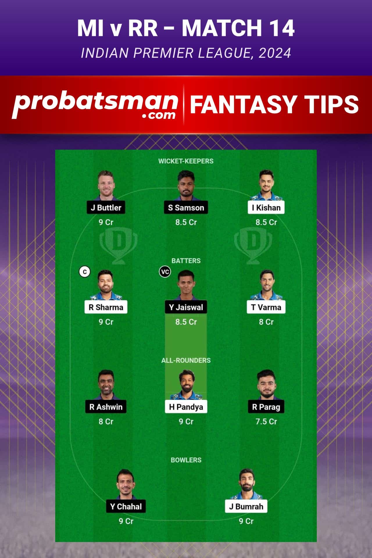 Mumbai Indians vs Rajasthan Royals Dream11 Prediction - Fantasy Team 1