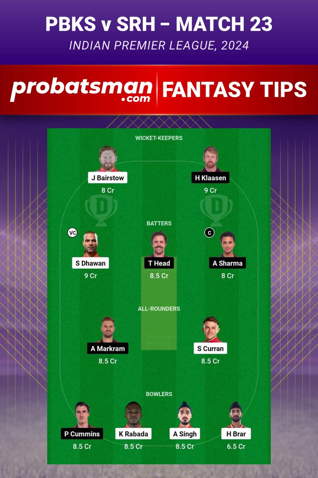 Punjab Kings vs Sunrisers Hyderabad Dream11 Prediction - Fantasy Team 1