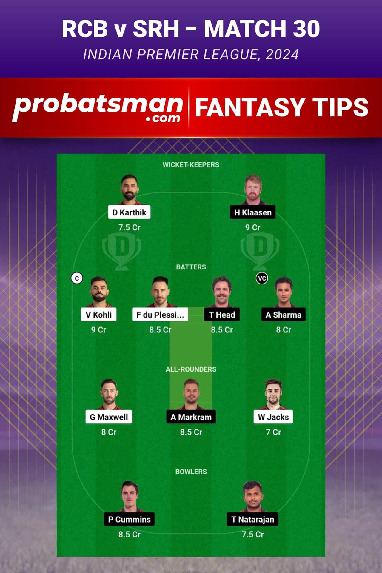 Royal Challengers Bengaluru vs Sunrisers Hyderabad Dream11 Prediction - Fantasy Team 1