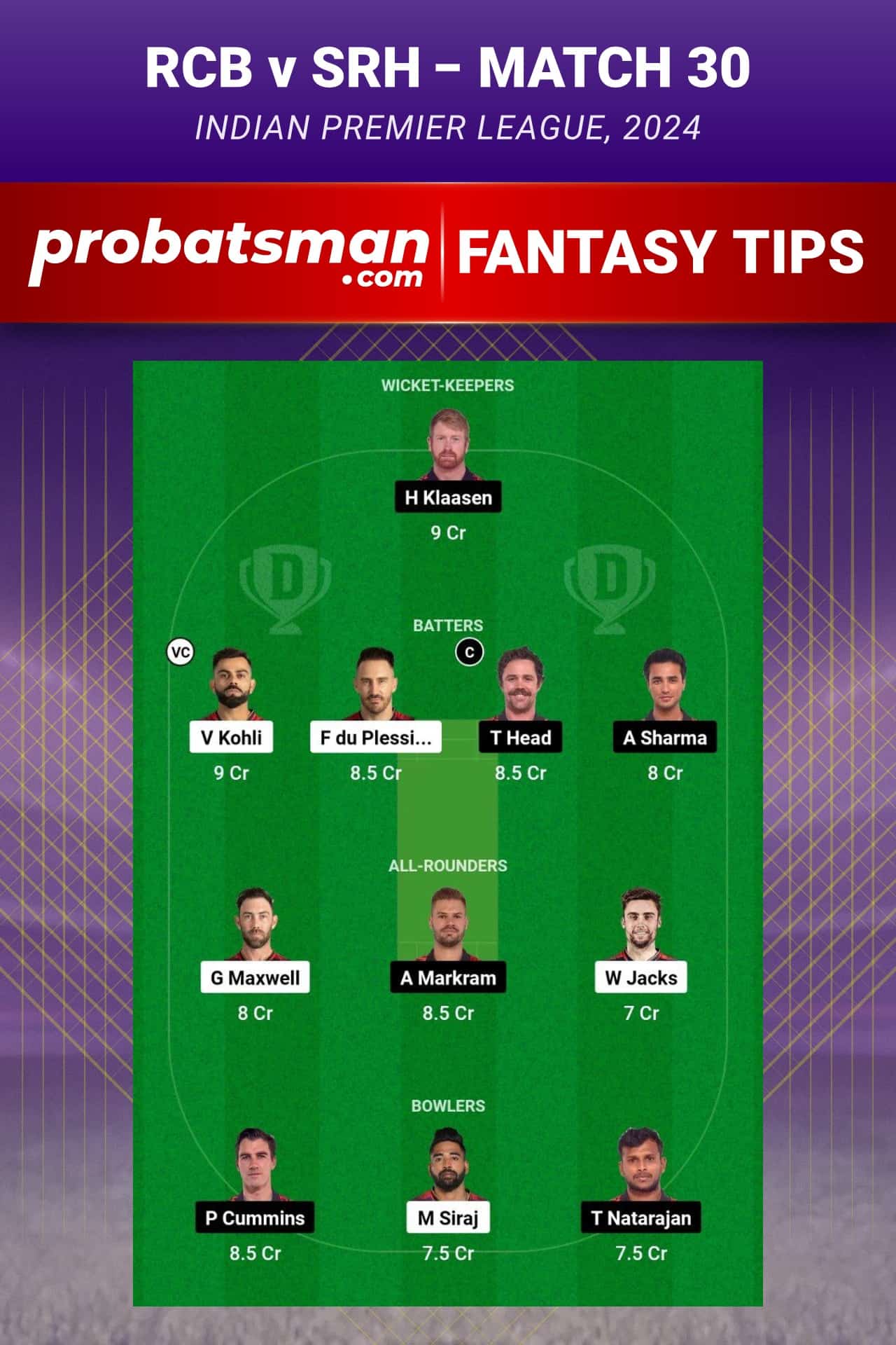 Royal Challengers Bengaluru vs Sunrisers Hyderabad Dream11 Prediction - Fantasy Team 2