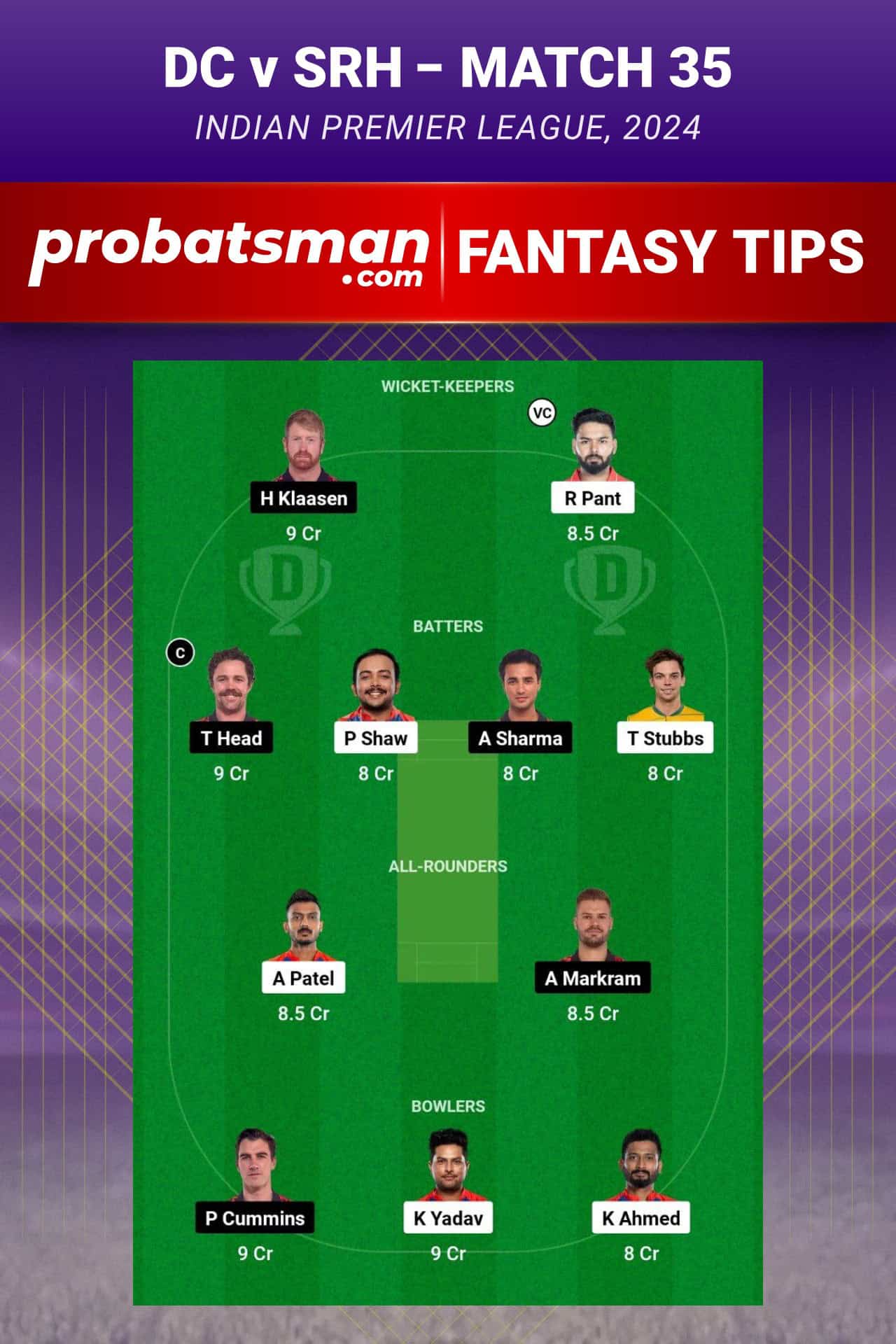 Delhi Capitals vs Sunrisers Hyderabad Dream11 Prediction - Fantasy Team 1