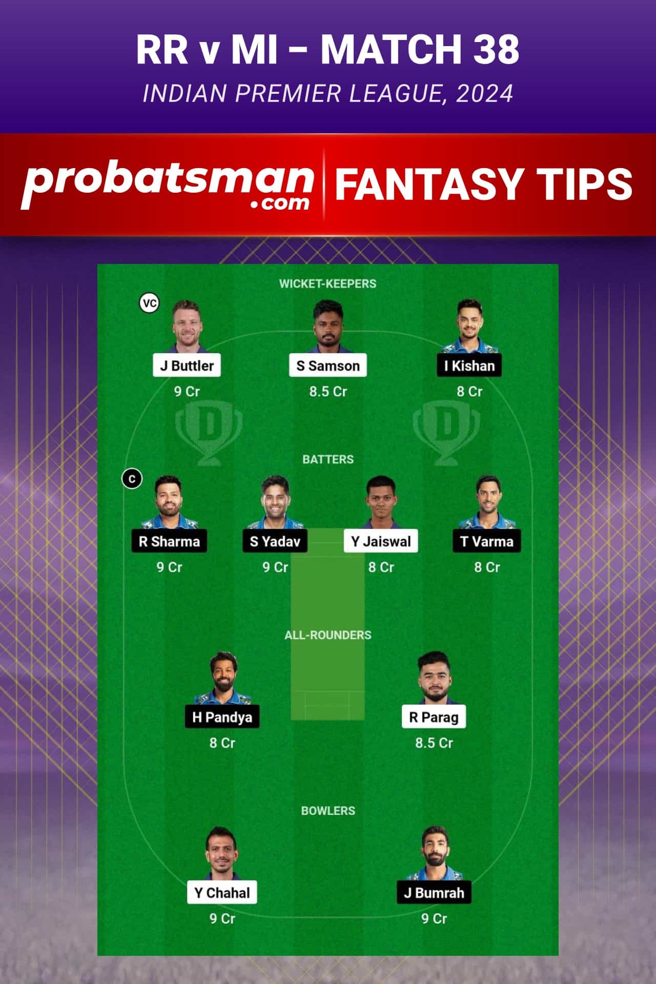 Rajasthan Royals vs Mumbai Indians Dream11 Prediction - Fantasy Team 1