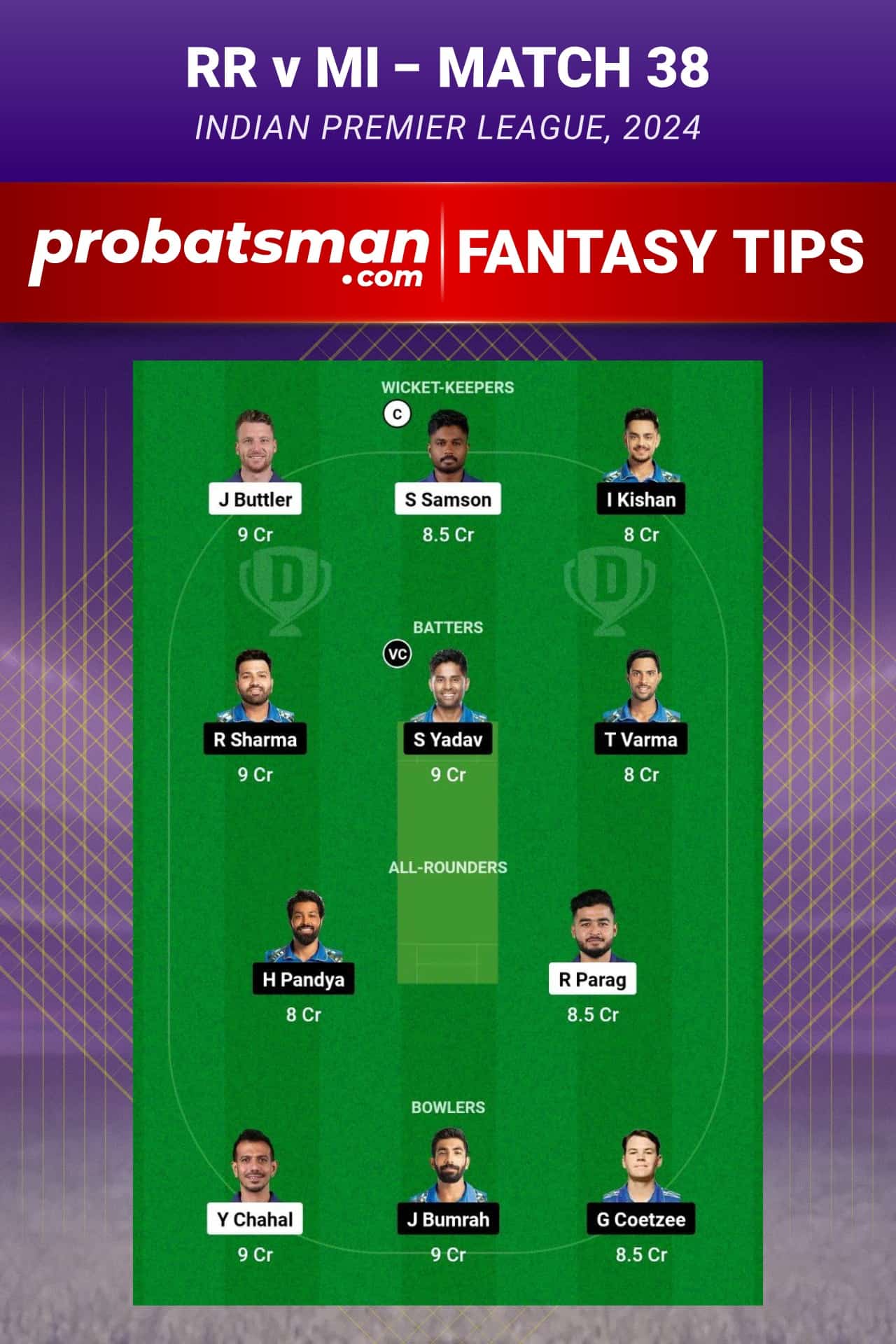 Rajasthan Royals vs Mumbai Indians Dream11 Prediction - Fantasy Team 2