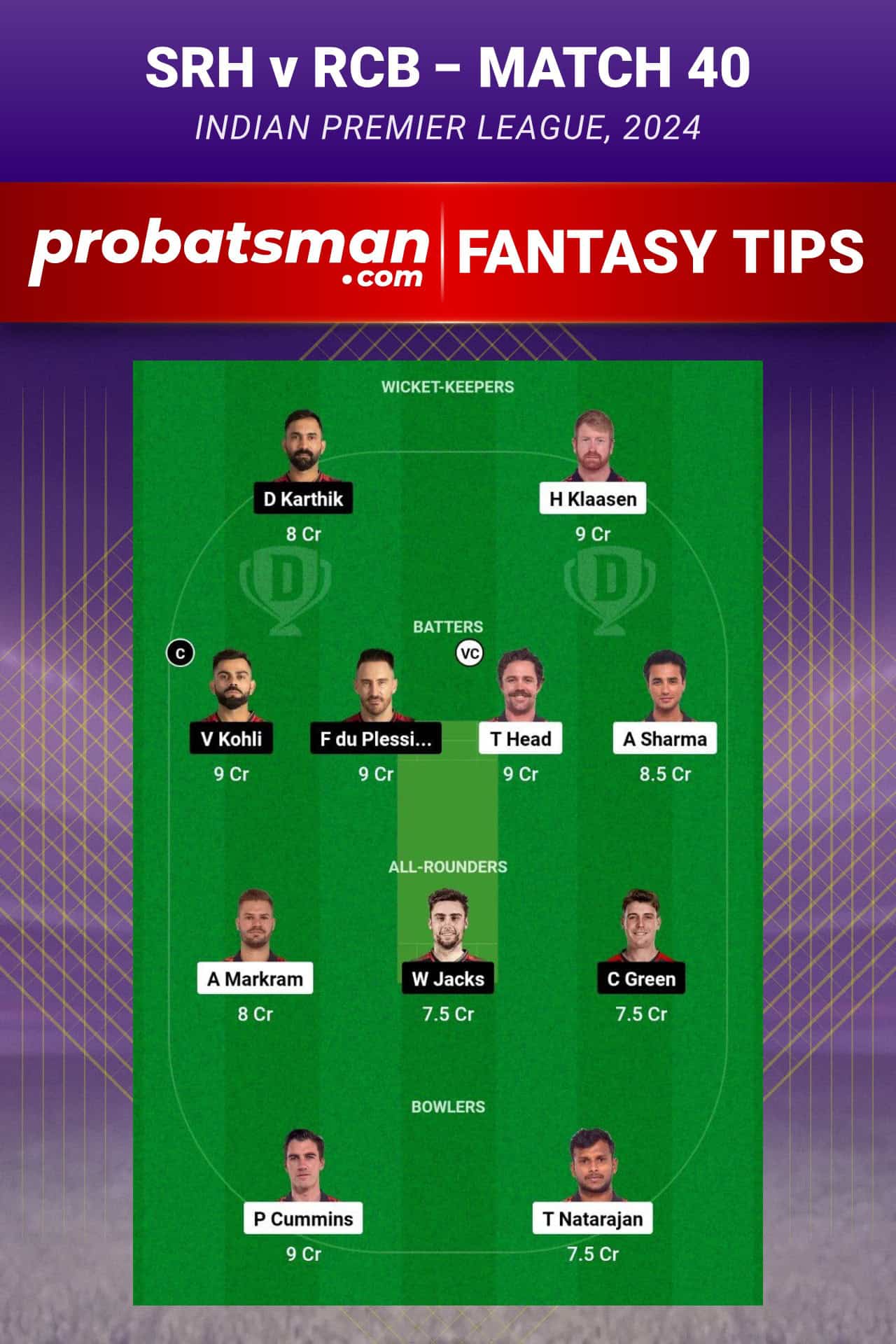 Sunrisers Hyderabad vs Royal Challengers Bengaluru Dream11 Prediction - Fantasy Team 1