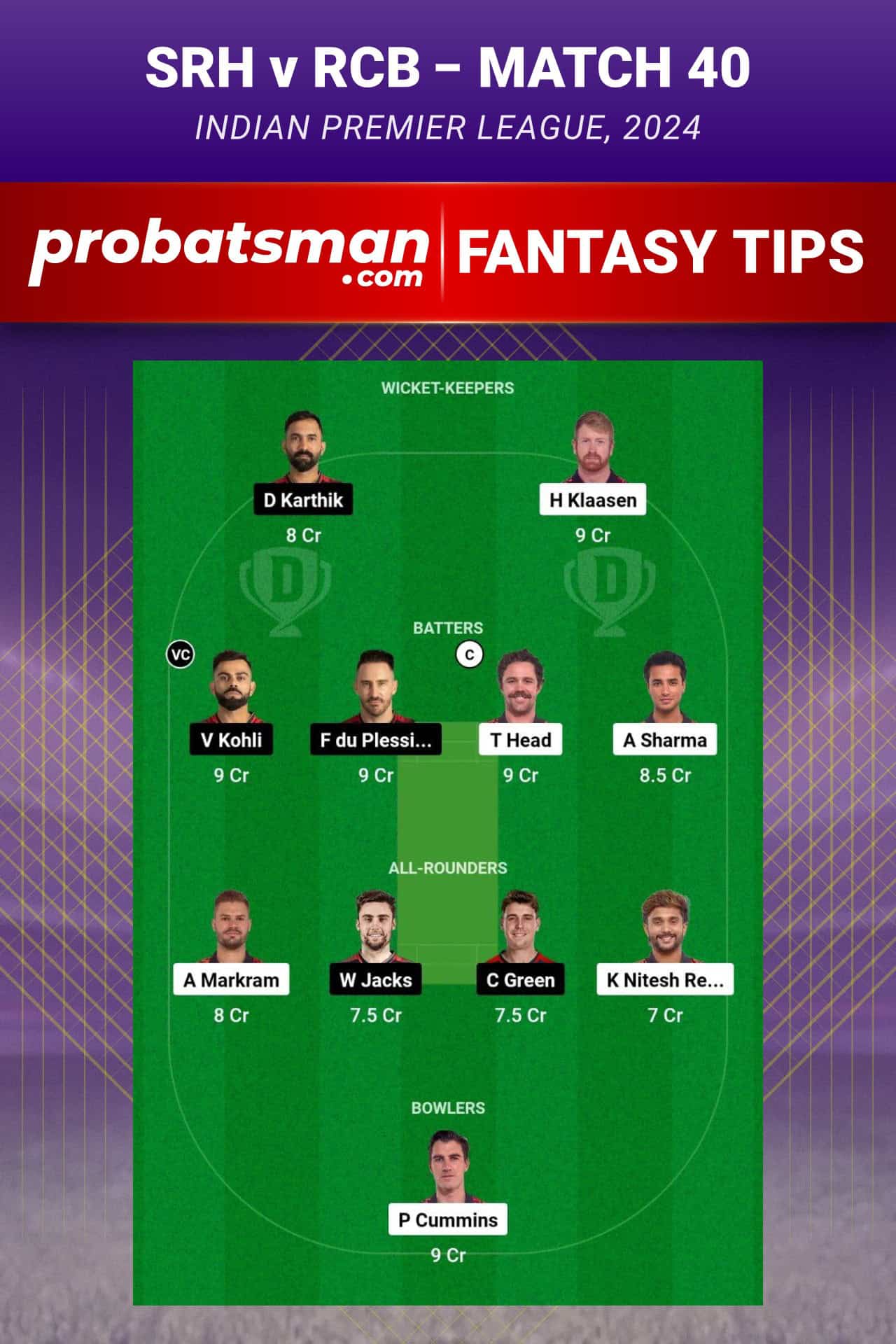 Sunrisers Hyderabad vs Royal Challengers Bengaluru Dream11 Prediction - Fantasy Team 1