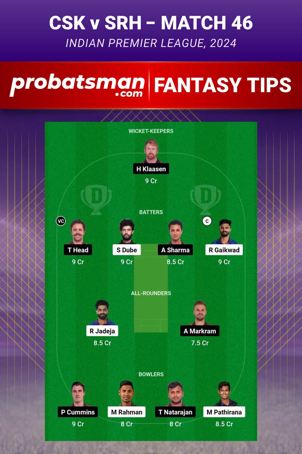 Chennai Super Kings vs Sunrisers Hyderabad Dream11 Prediction - Fantasy Team 1