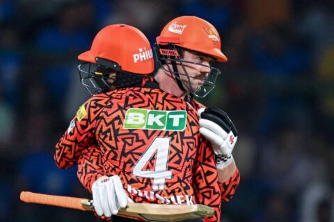 Travis Head and Abhishek Sharma of Sunrisers Hyderabad Celebrates 100-run partnership