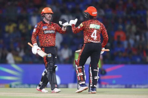 Travis Head and Abhishek Sharma of Sunrisers Hyderabad Celebrates 100-run partnership against Delhi Capitals