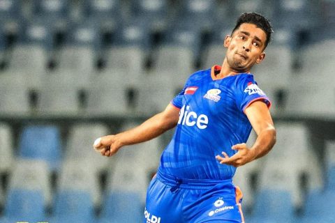 Anshul Kamboj of Mumbai Indians bowls during Net Practice