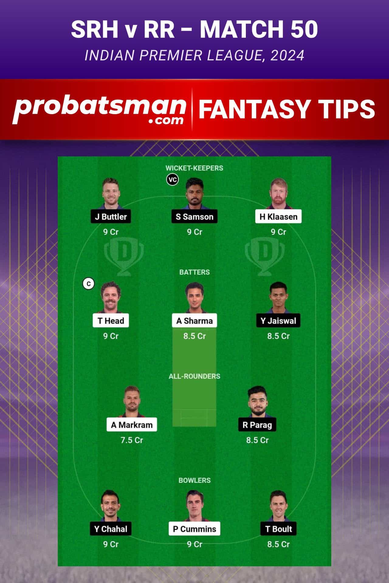 Sunrisers Hyderabad vs Rajasthan Royals Dream11 Prediction - Fantasy Team 1