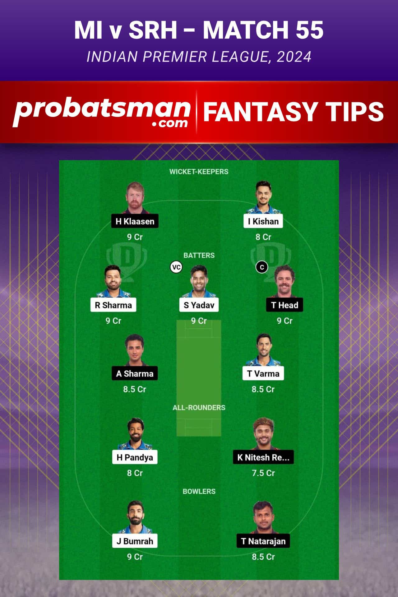 Mumbai Indians vs Sunrisers Hyderabad Dream11 Prediction - Fantasy Team 1