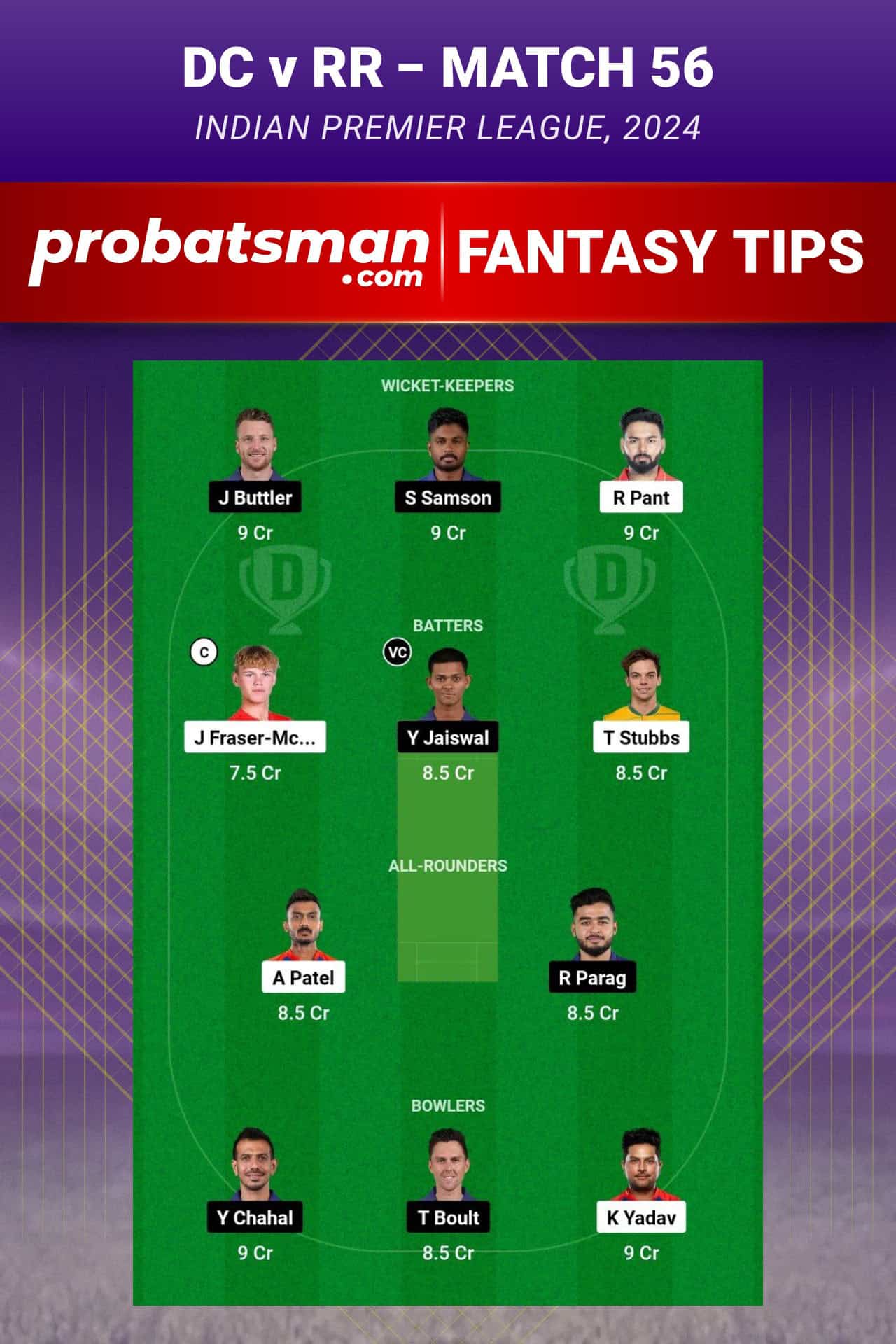 Delhi Capitals vs Rajasthan Royals Dream11 Prediction - Fantasy Team 1