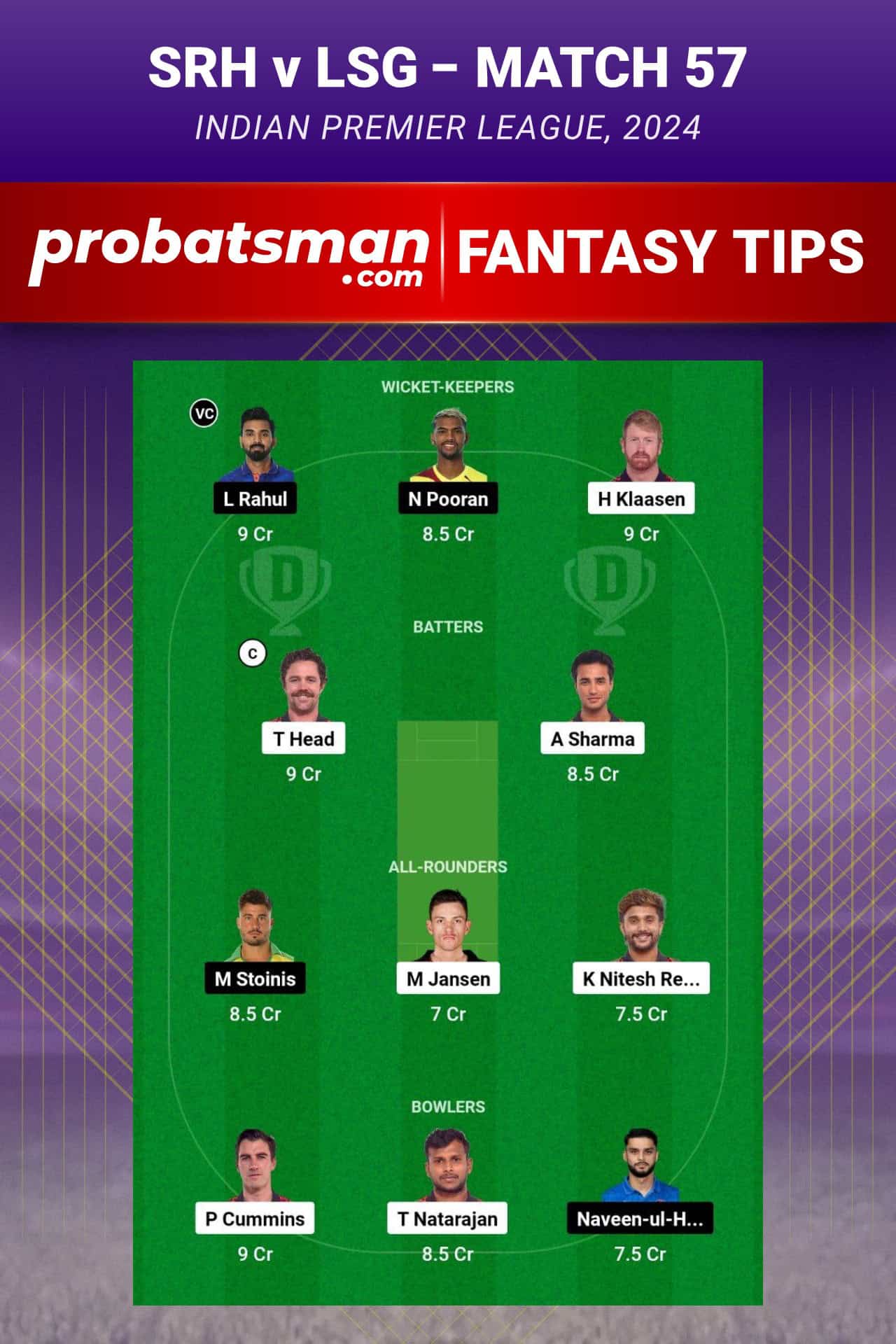 Sunrisers Hyderabad vs Lucknow Super Giants Dream11 Prediction - Fantasy Team 1