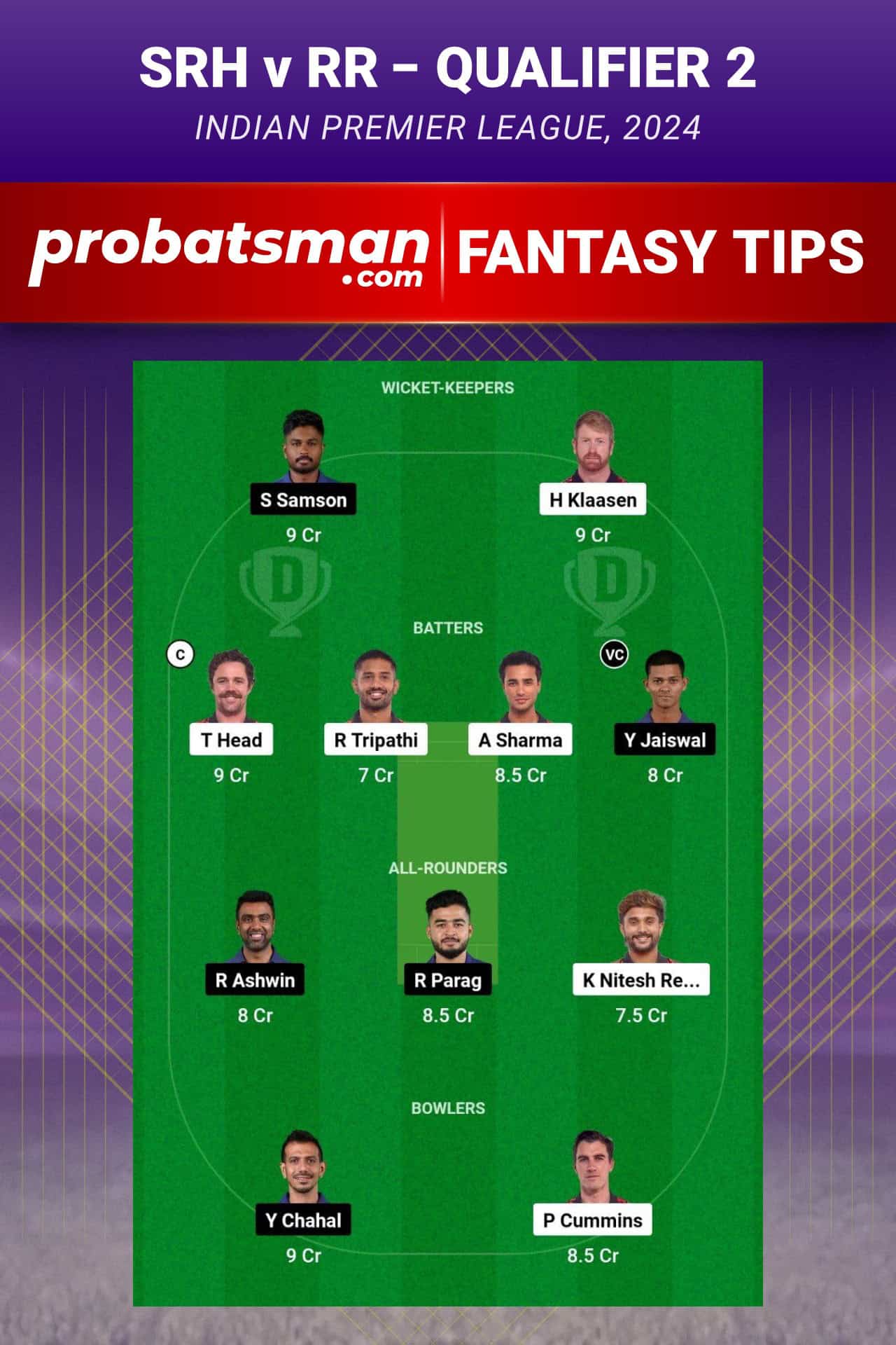 Sunrisers Hyderabad vs Rajasthan Royals Dream11 Prediction - Fantasy Team 1