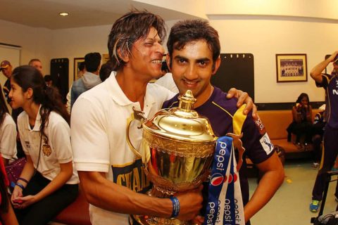 KKR Owner Shahrukh Khan and Skipper Gautam Gambhir with IPL trophy